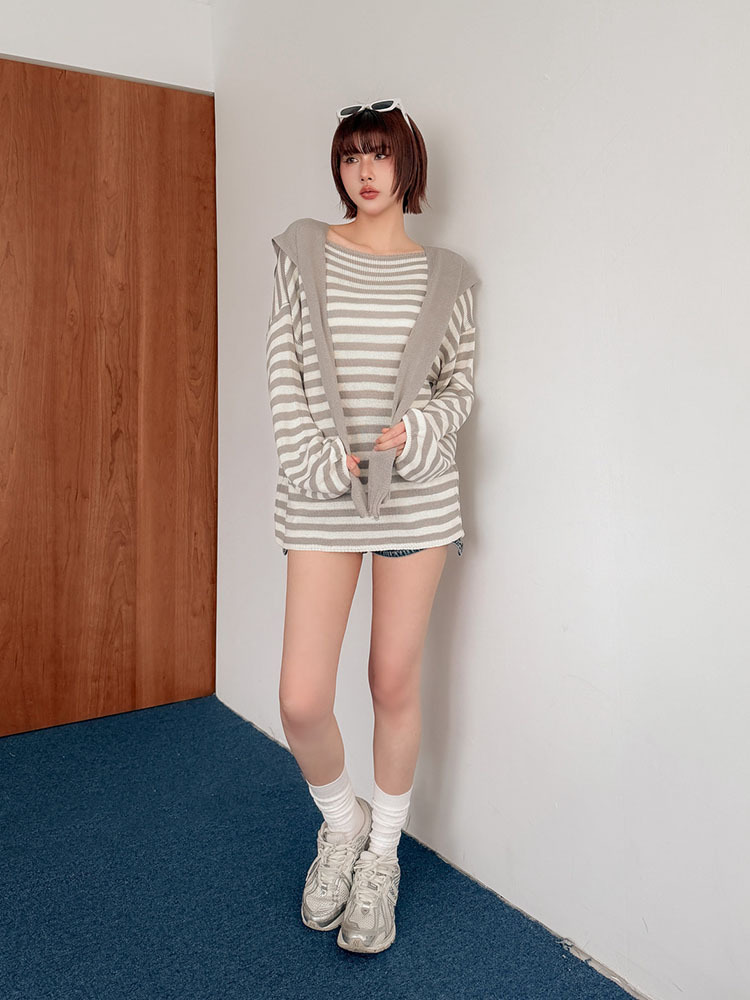 春夏多穿法·清透條紋薄針織（4色，附披肩）