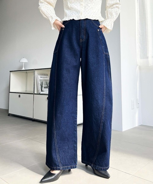 日系品牌服飾 moment+ 側邊大口袋拼接弧形牛仔褲 繭型褲 牛仔褲 直筒褲 寬褲 長褲 休閒褲 3色(任買兩件711免運)/預購