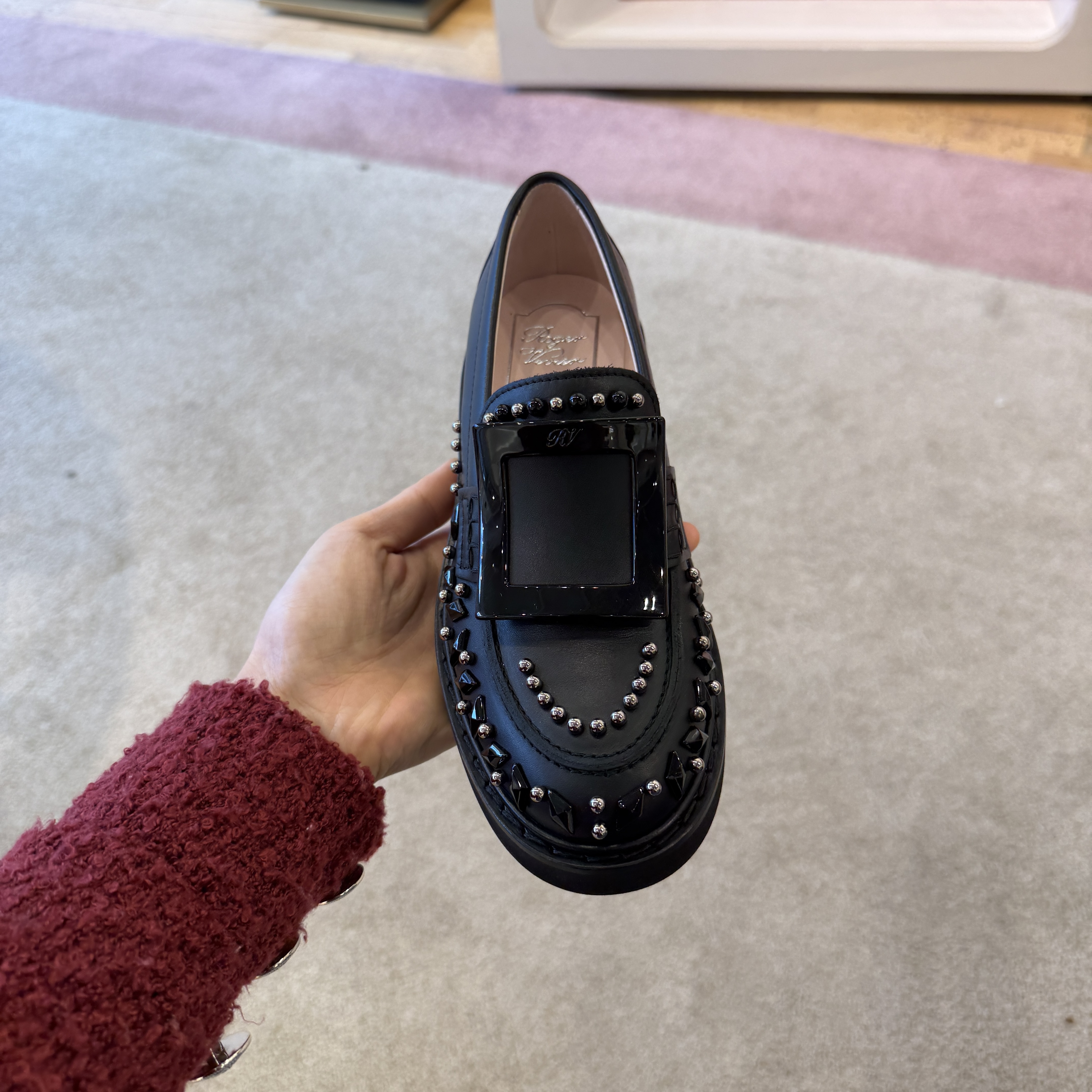 Roger Vivier RV Viv' Rangers Studs Lacquered Buckle Loafers in Leather Black