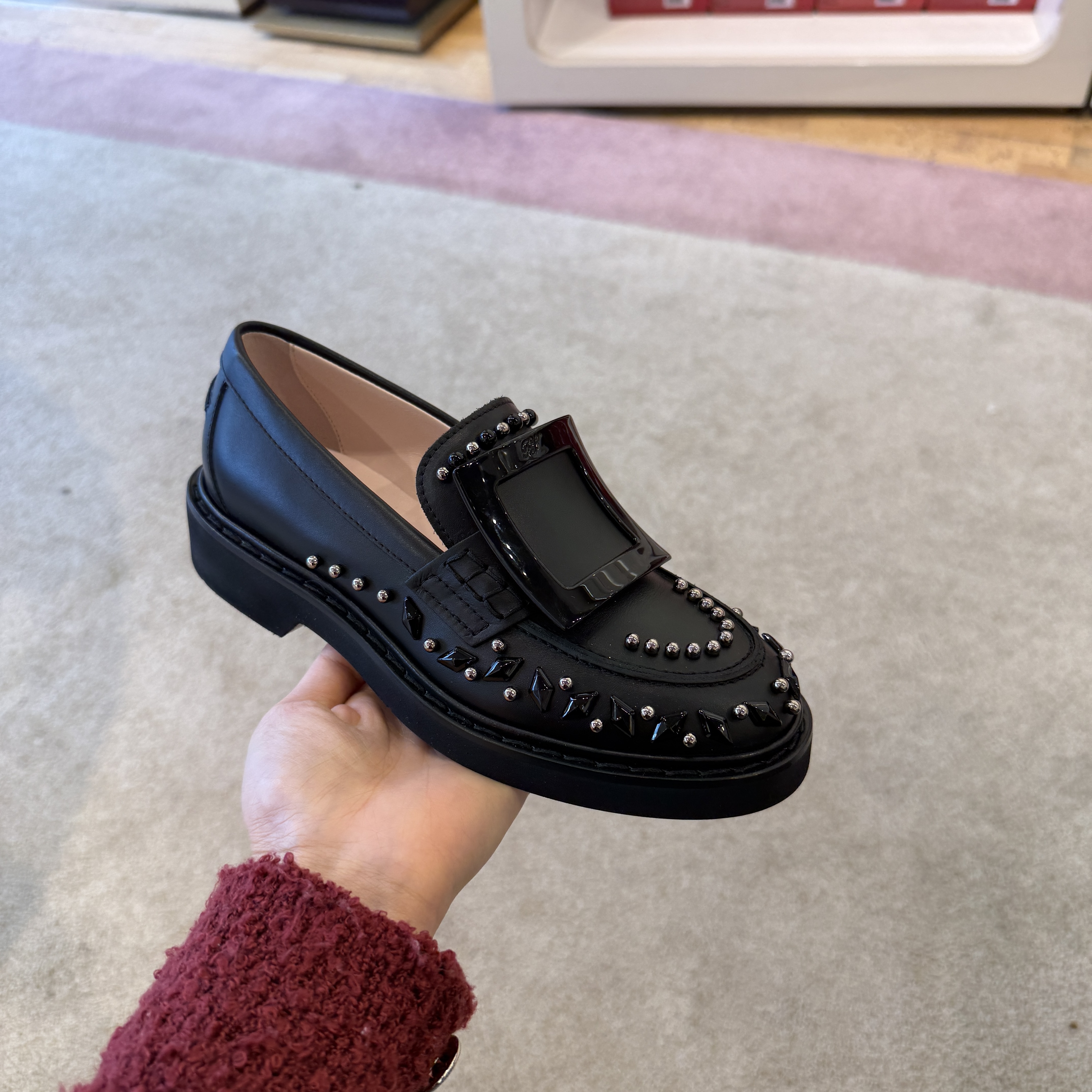 Roger Vivier RV Viv' Rangers Studs Lacquered Buckle Loafers in Leather Black