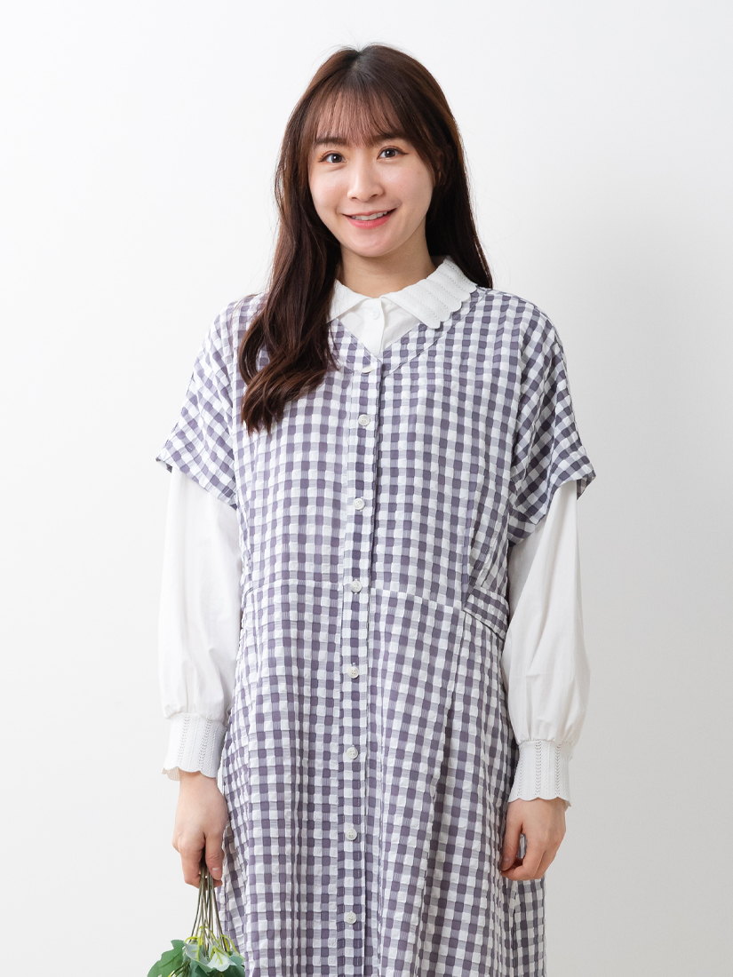 紋理感泡泡布格紋洋裝