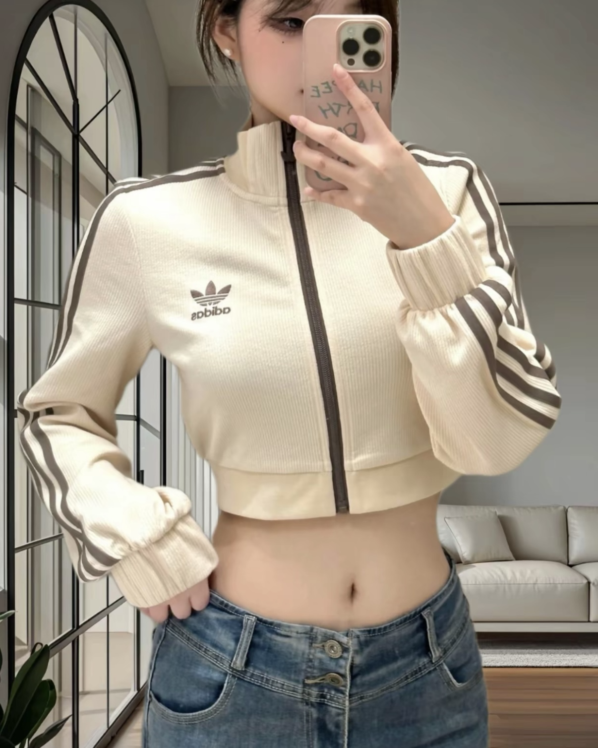 ADIDAS ORIGINALS 焦糖奶茶 米棕色 條紋 短版 立領 外套