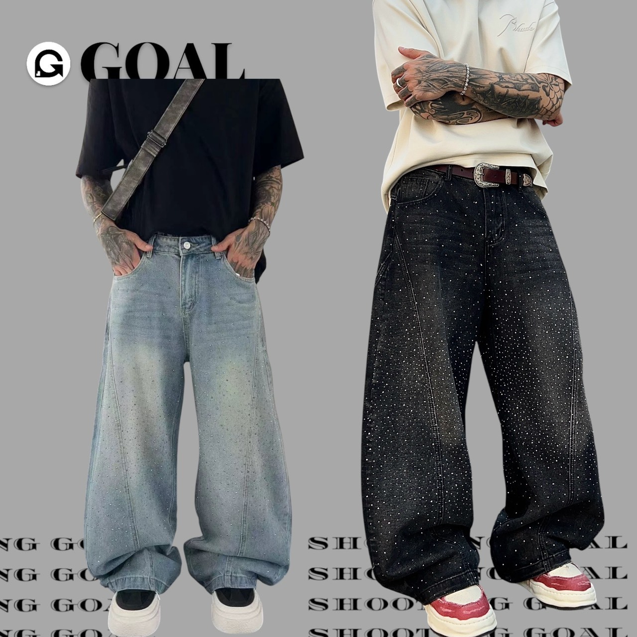 (GOAL) 爆閃 滿天星鑽 彎刀褲 男女款 S2505