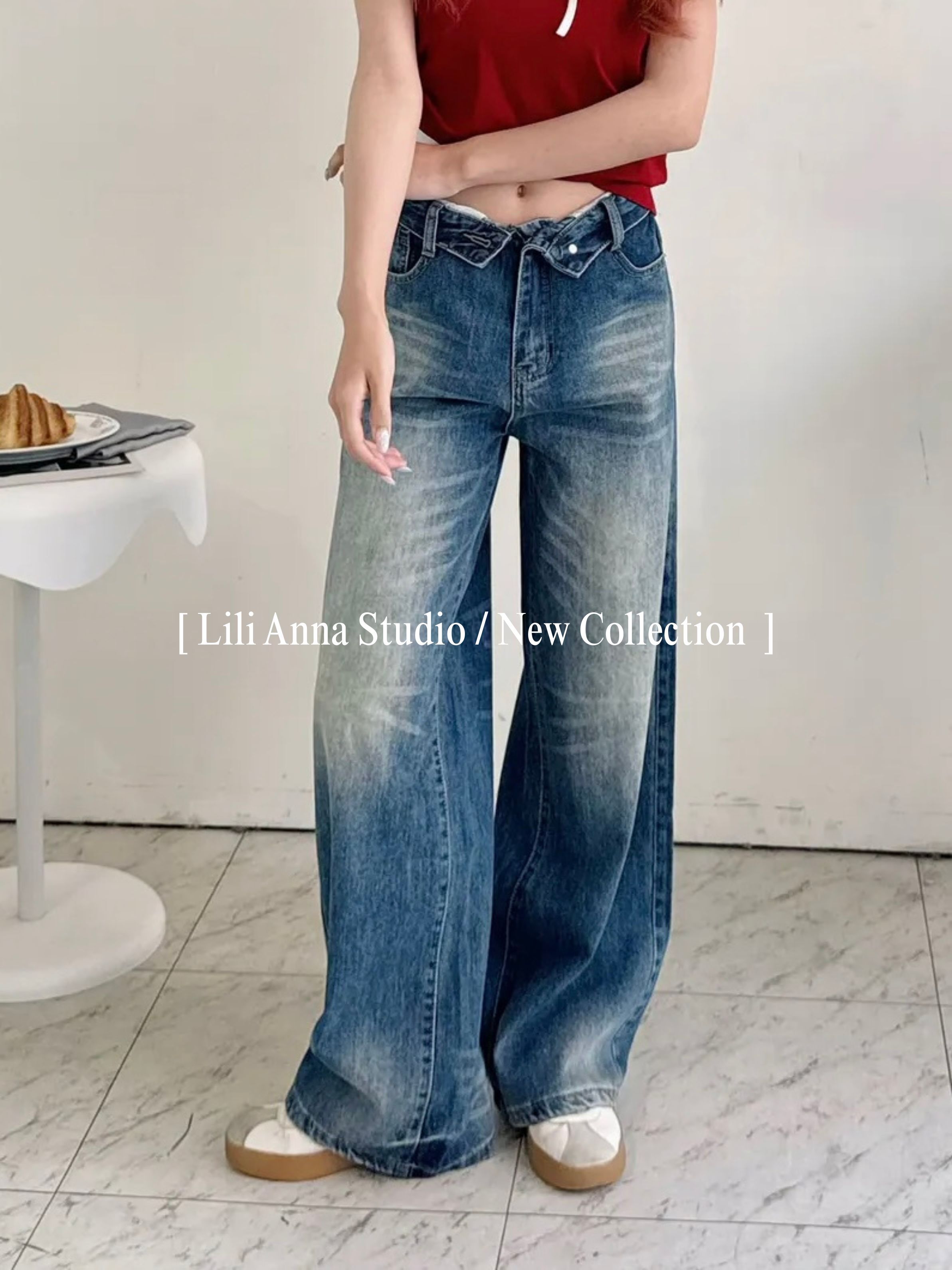 褲頭反折牛仔寬褲-0A24