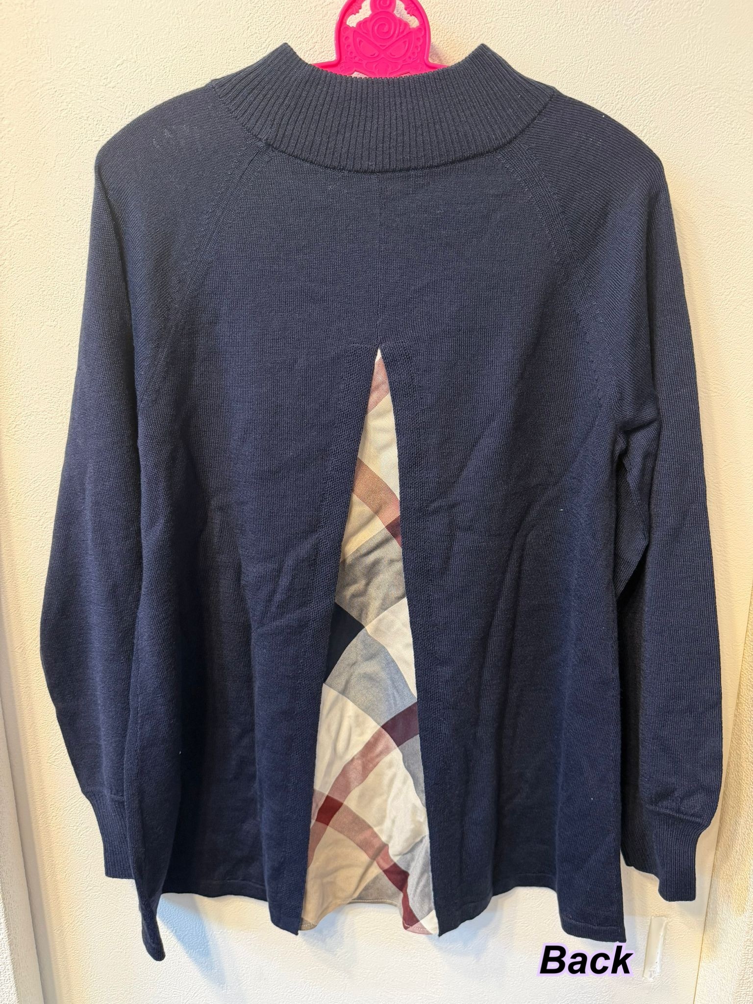 260331 Blue label 後面格仔 knit top Navy