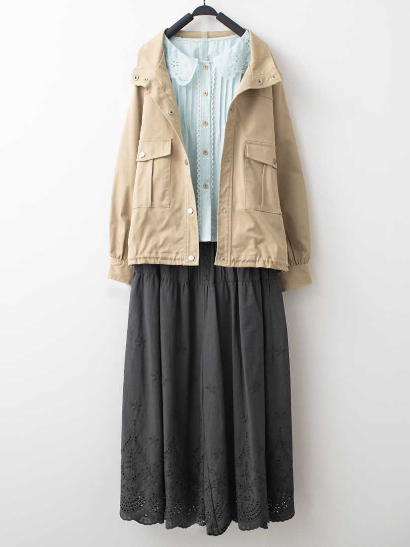 工裝夾克蕾絲壓褶襯衫繡花純棉柔軟寬褲組合