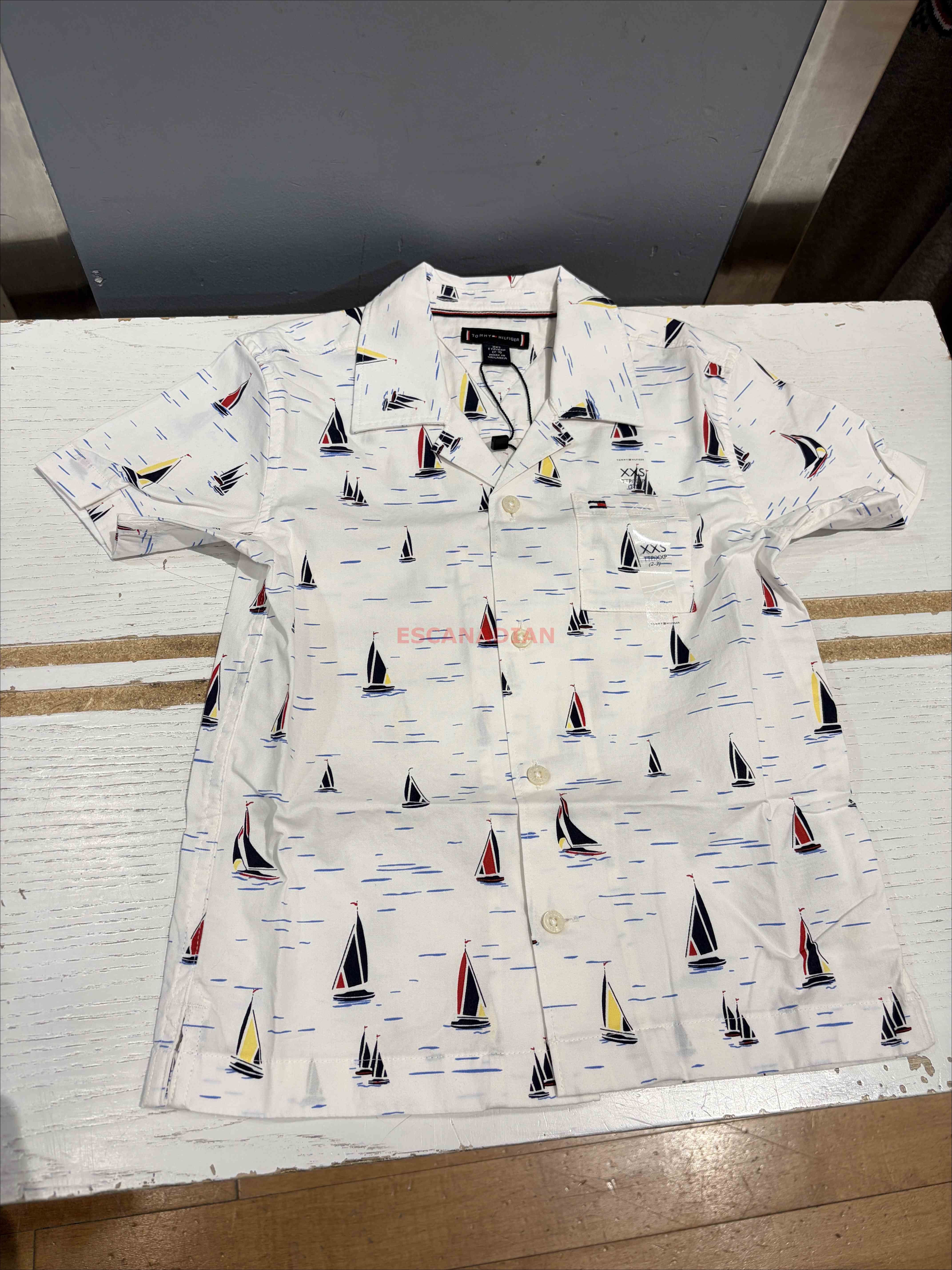 TOMMY 男大童 棉麻材質 夏季滿版圖案 短袖襯衫 (2色)