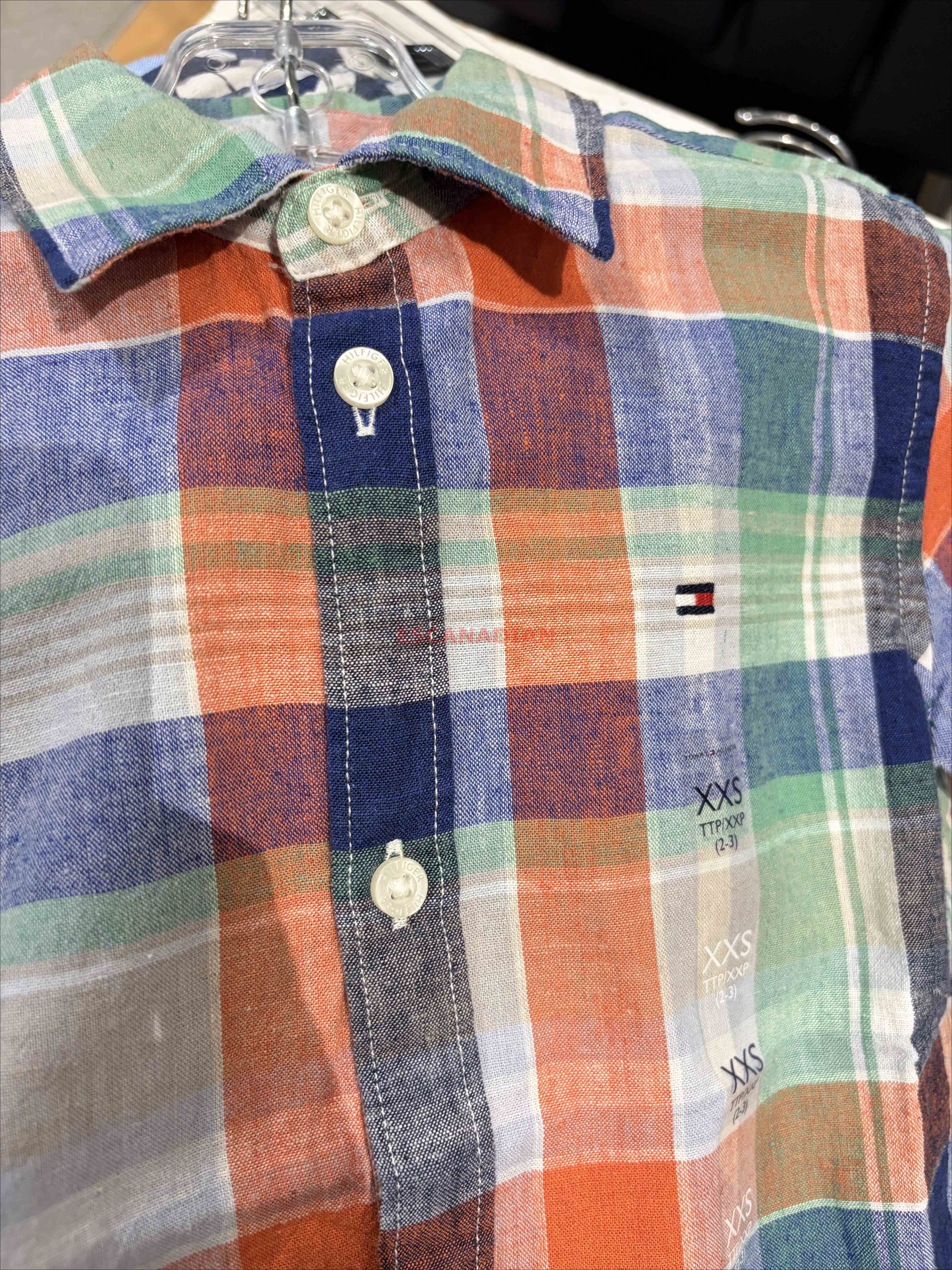 TOMMY 男大童 棉麻材質 格紋 短袖襯衫