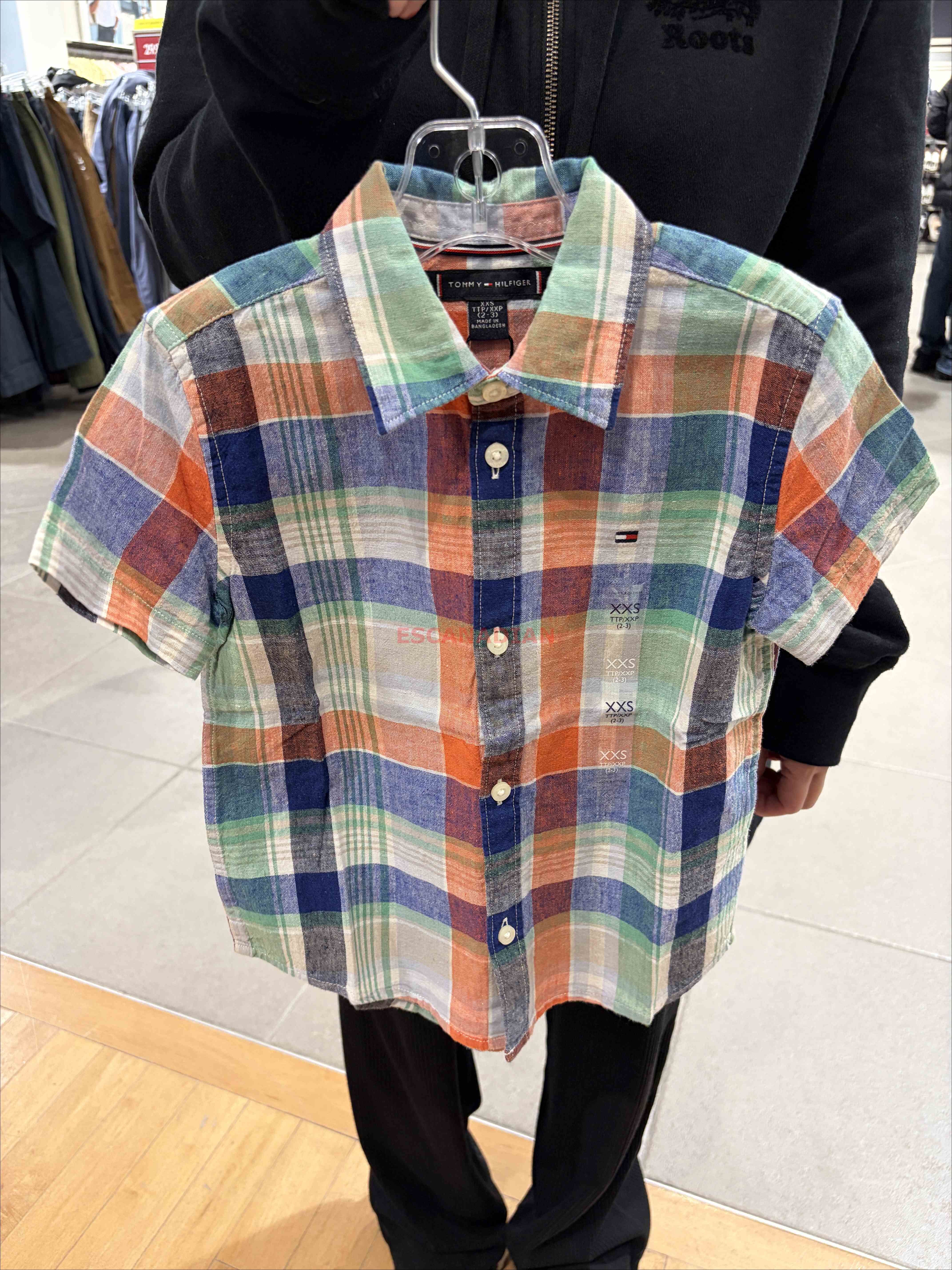 TOMMY 男大童 棉麻材質 格紋 短袖襯衫