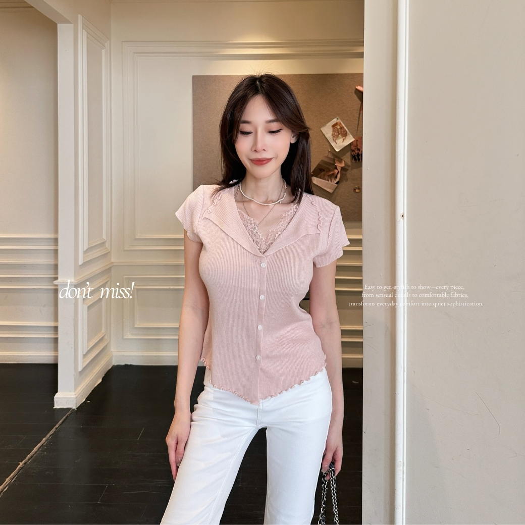 【柔柔濾鏡】DOMISS爆款! 蕾絲拼接針織短袖上衣-4色(現+預)