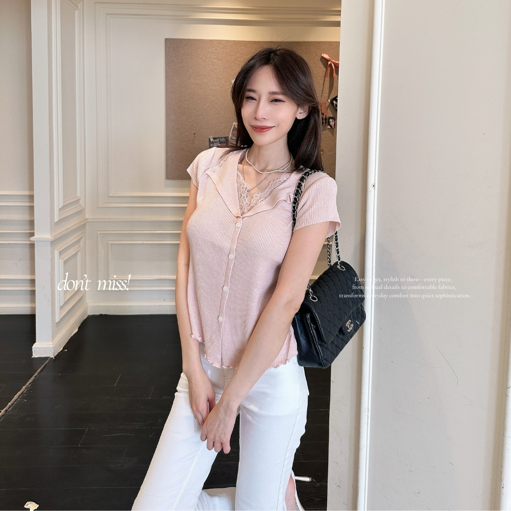 【柔柔濾鏡】DOMISS爆款! 蕾絲拼接針織短袖上衣-4色(現+預)