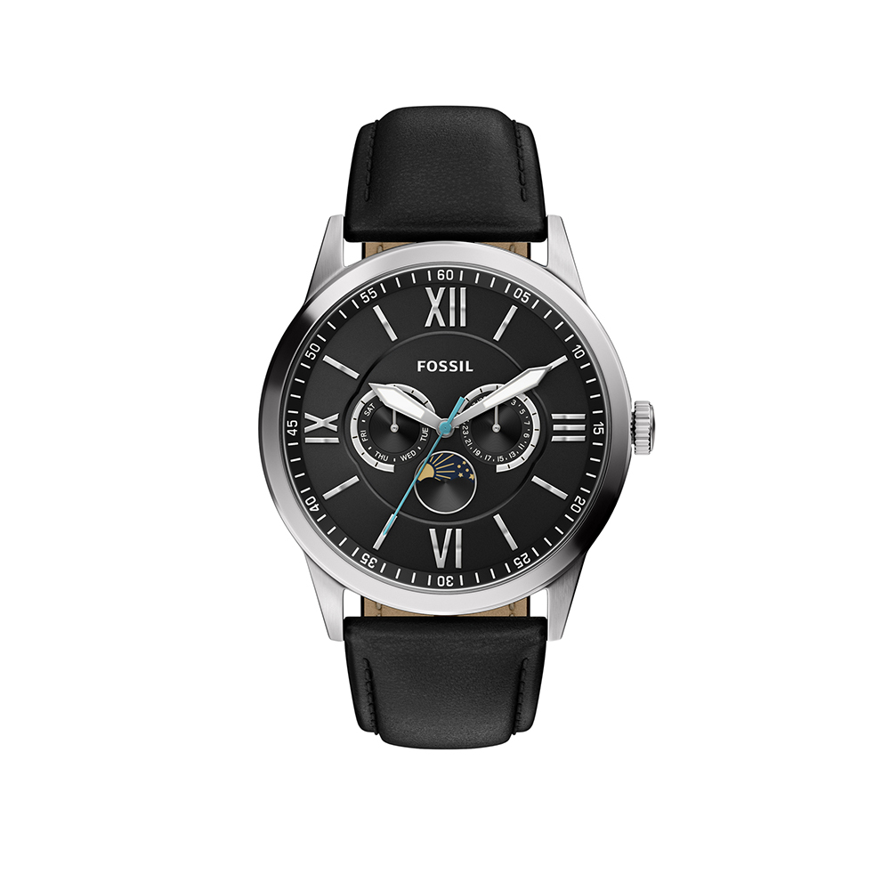 Flynn 經典雅士羅馬數字三眼手錶 黑色真皮錶帶 48 MM BQM7137