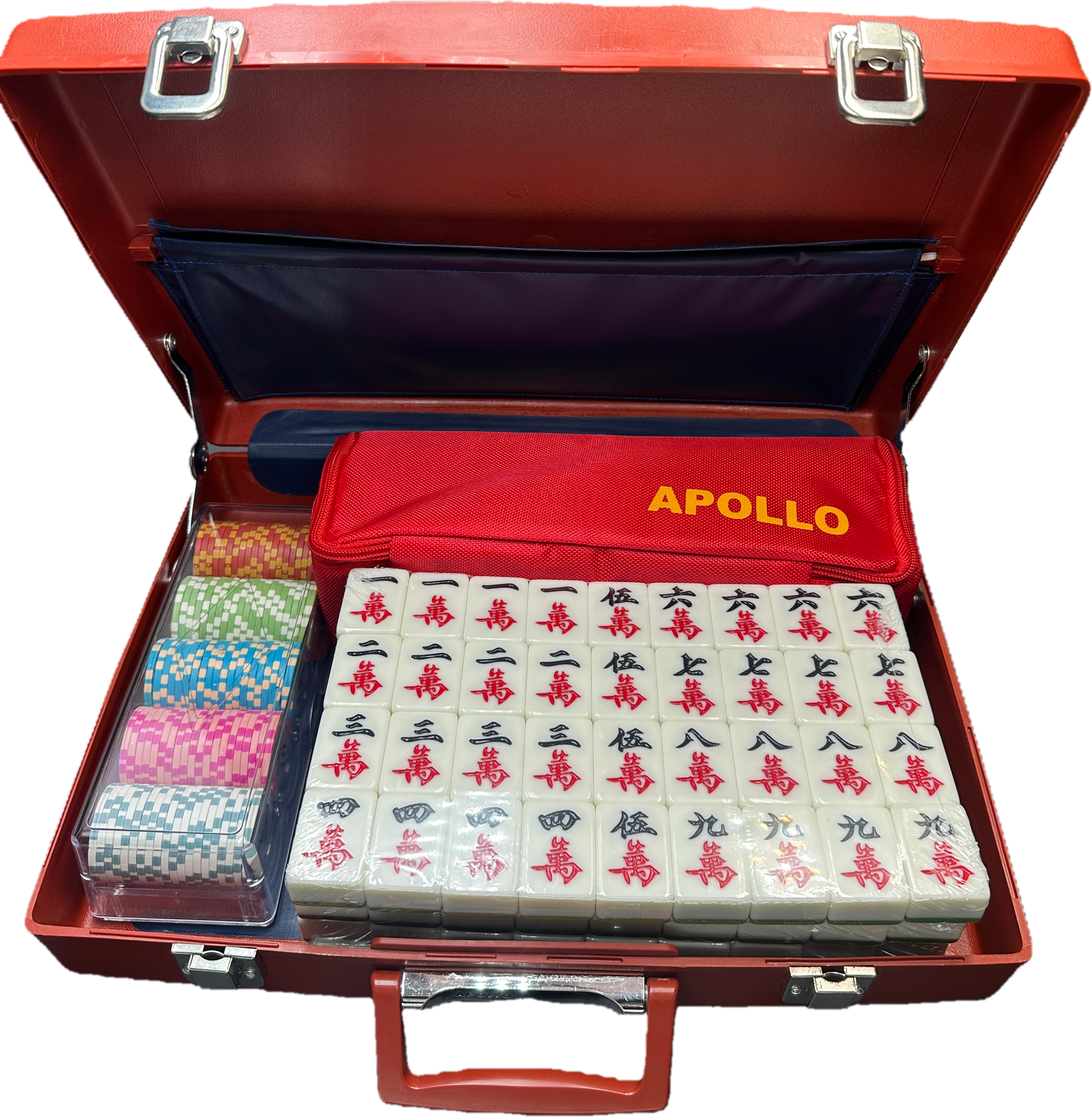 APOLLO Mahjong (Green) + Deluxe Clay Chips + School Case (Red) Set