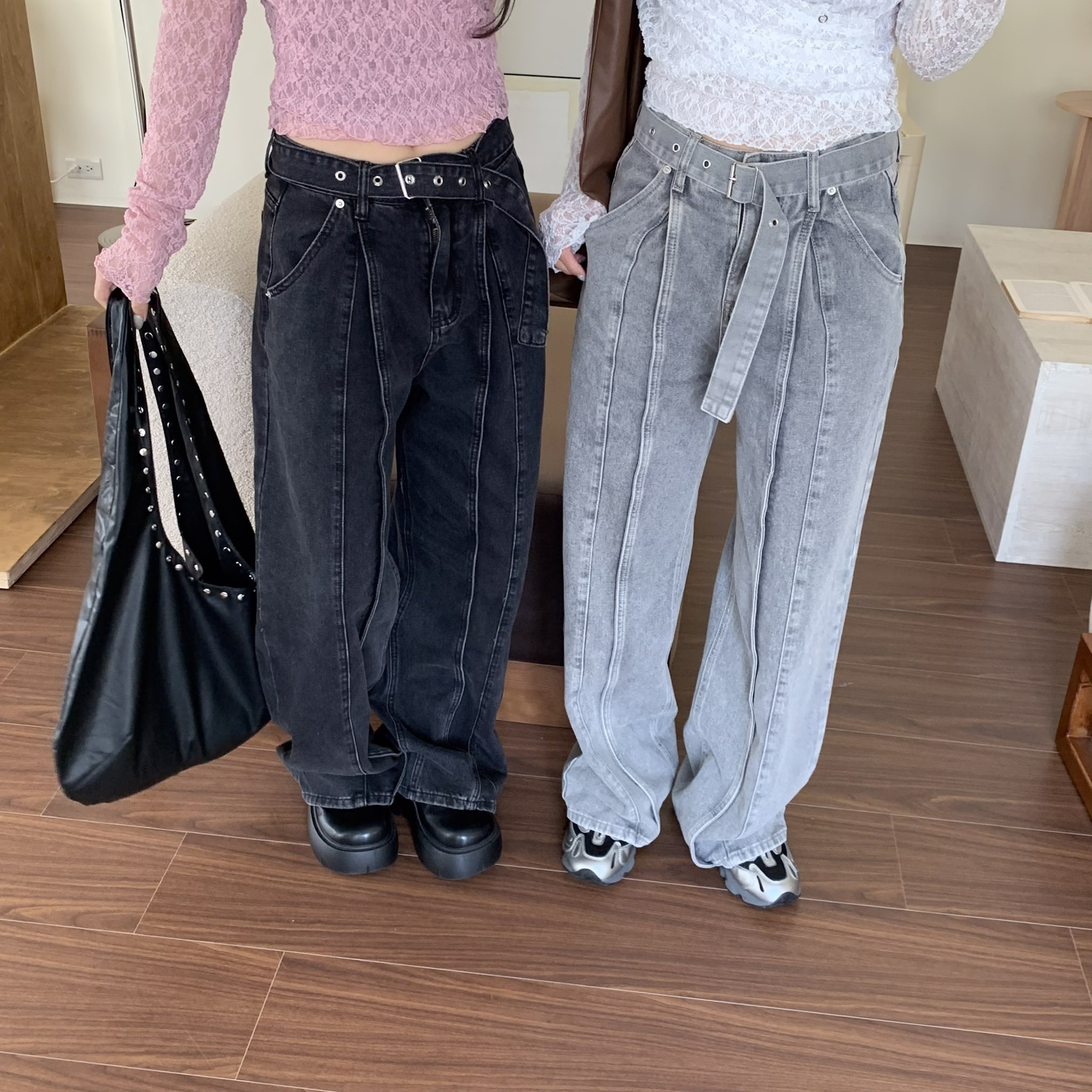 ISA_(附皮帶)零修圖褲型! 車線水洗牛仔長褲_63025