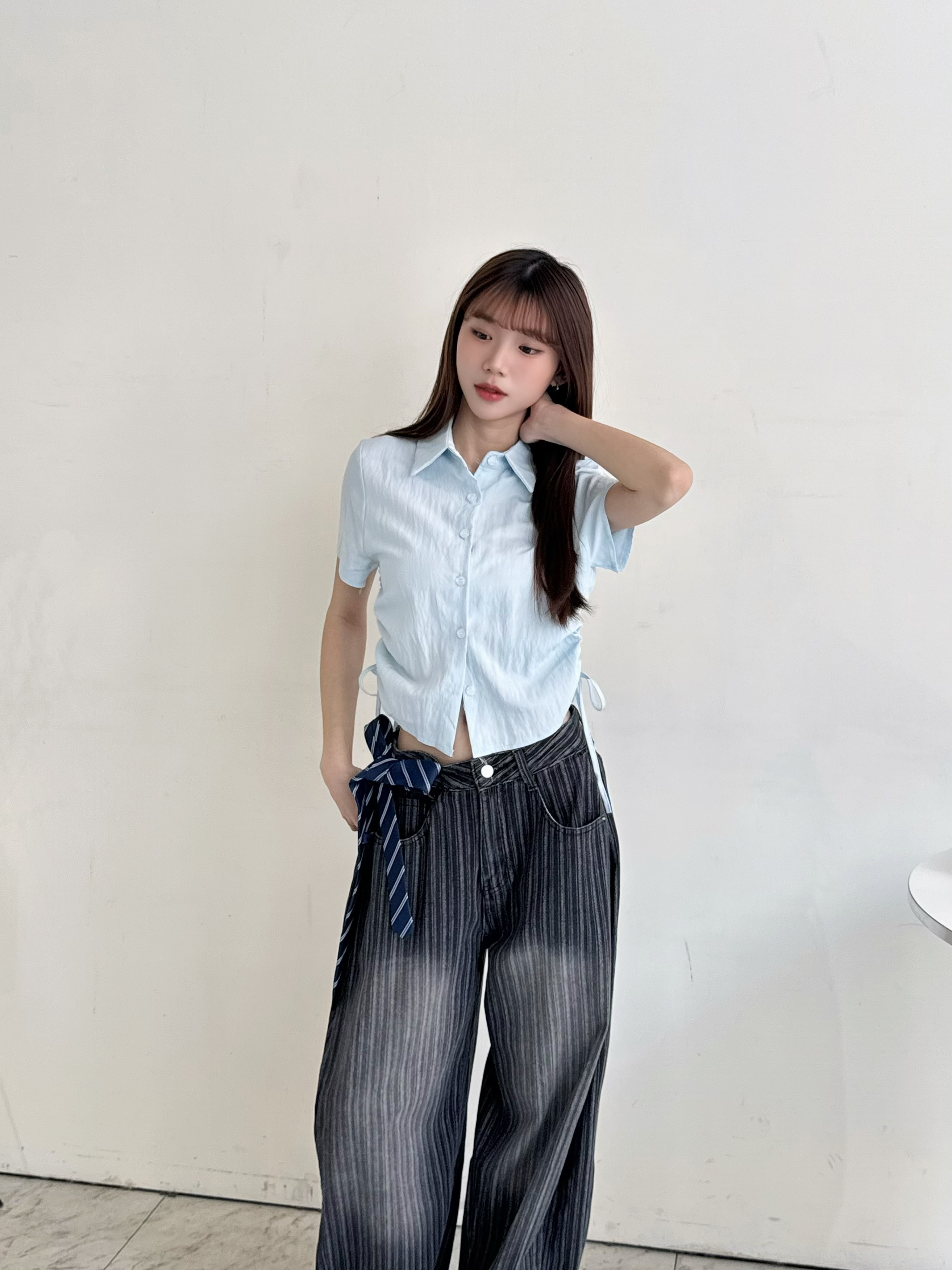 下襬抽繩設計短袖襯衫-0523