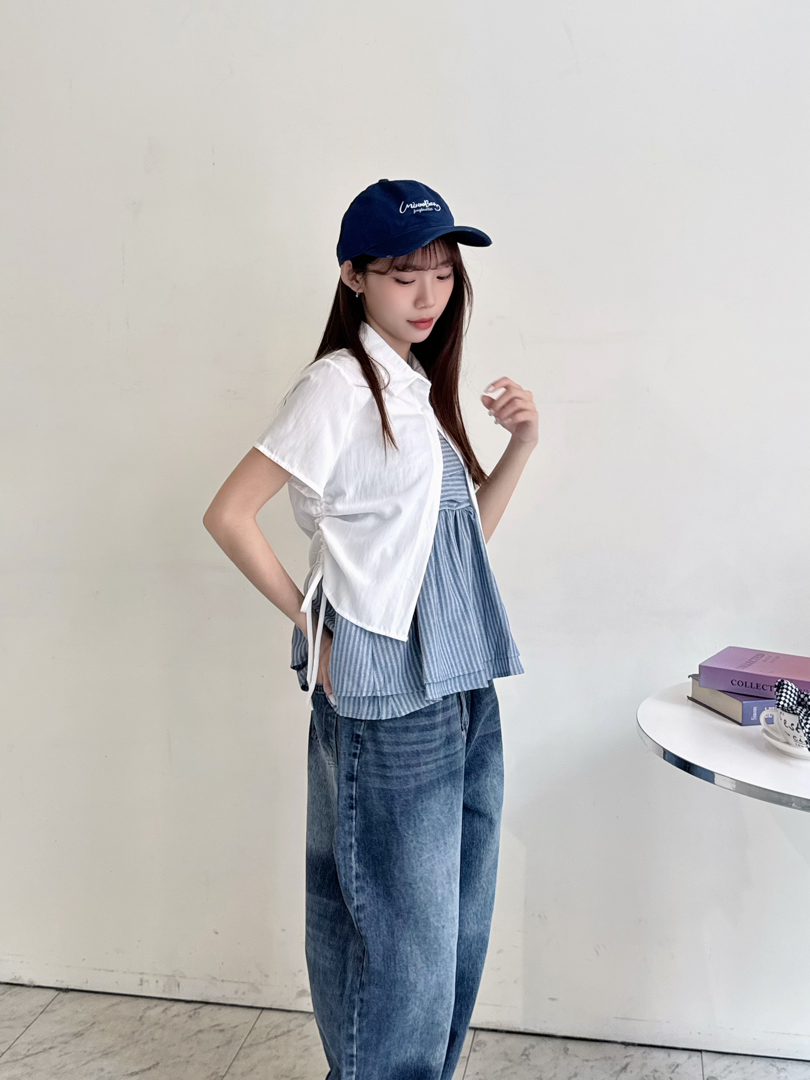 下襬抽繩設計短袖襯衫-0523