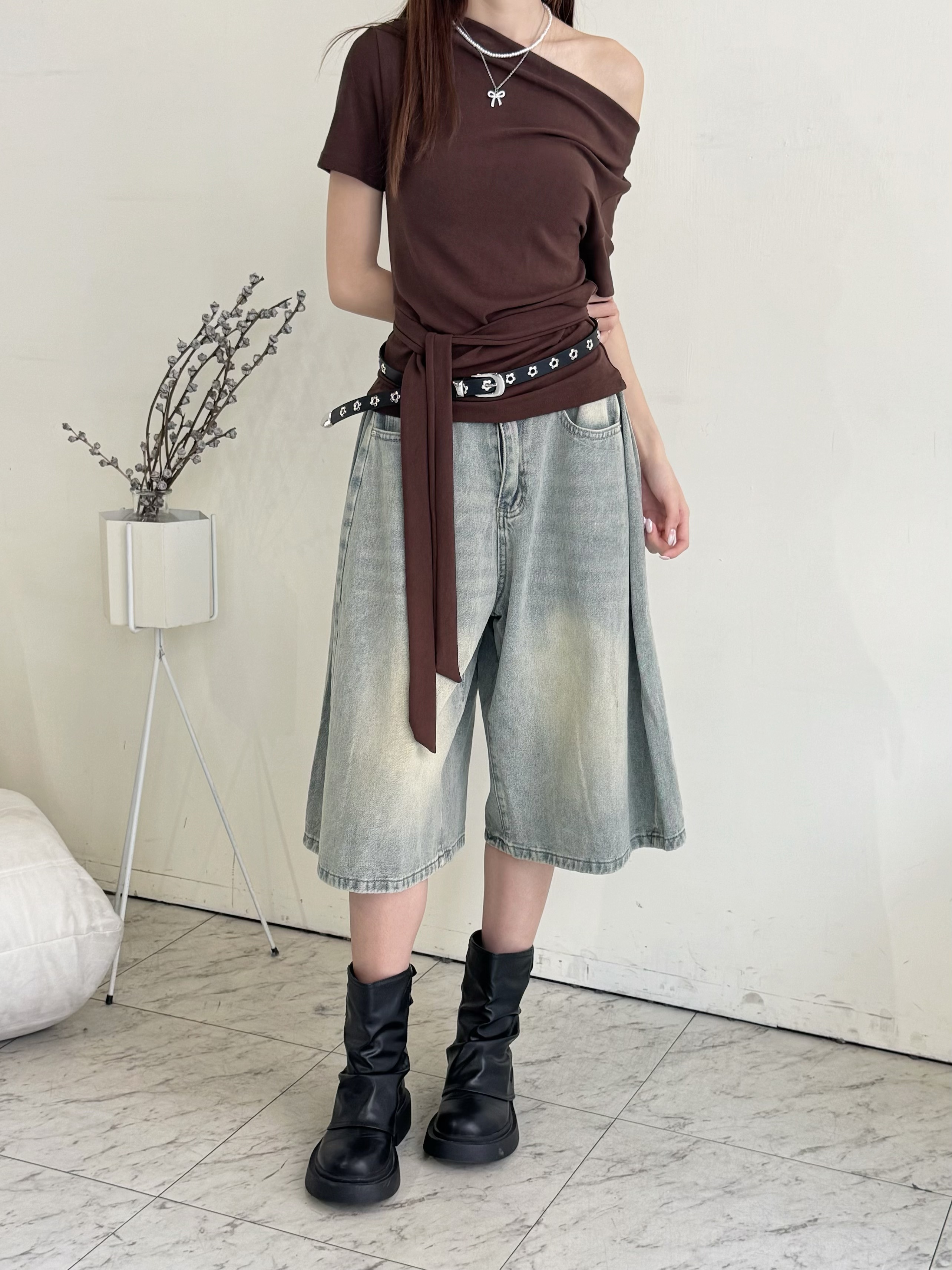 寬版刷色七分牛仔褲-9933