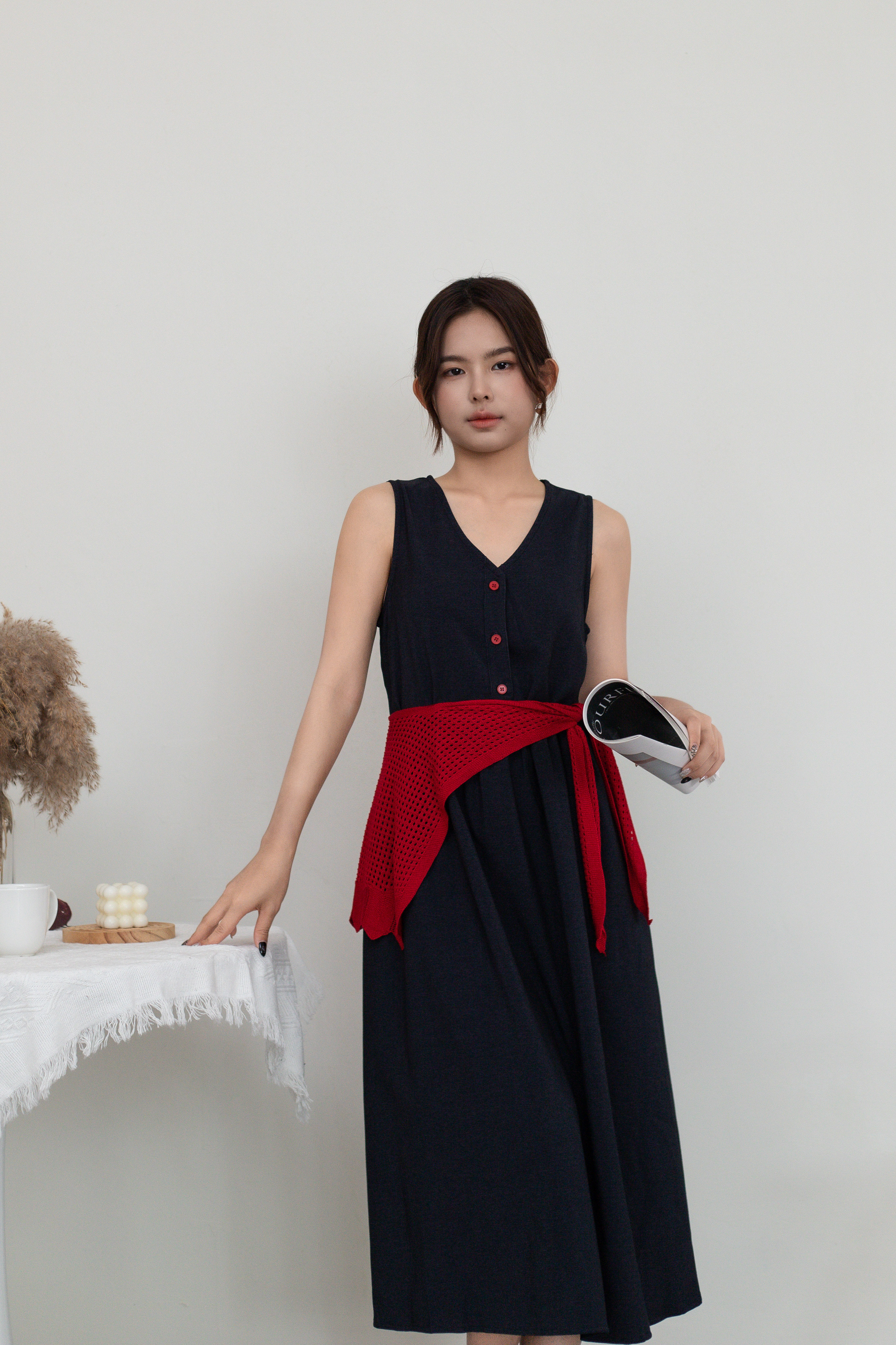 Mallor V neck Dress Red (with scarf ) - 2667DLRED