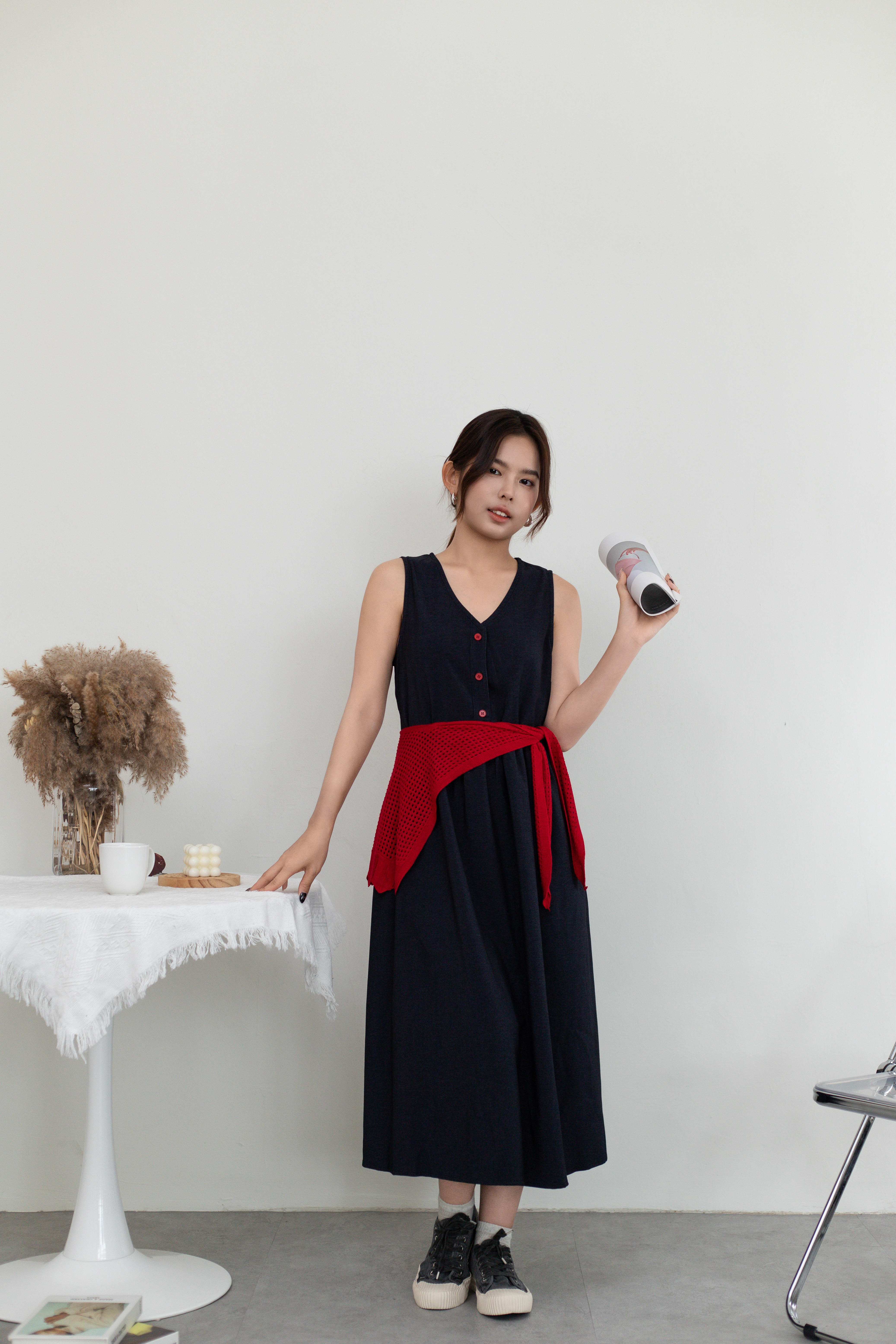 Mallor V neck Dress Red (with scarf ) - 2667DLRED