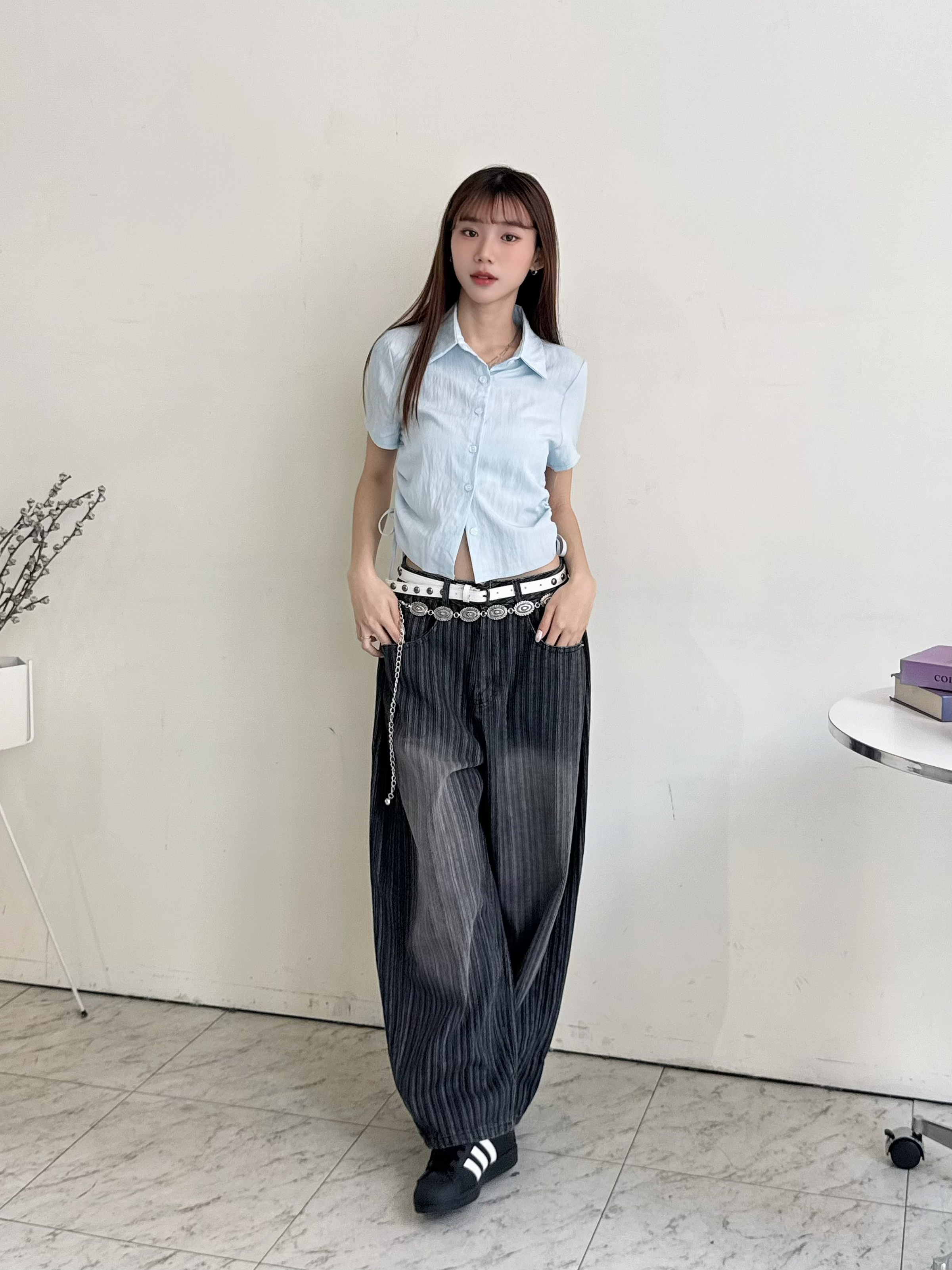 復古做舊直條紋牛仔長褲-0330