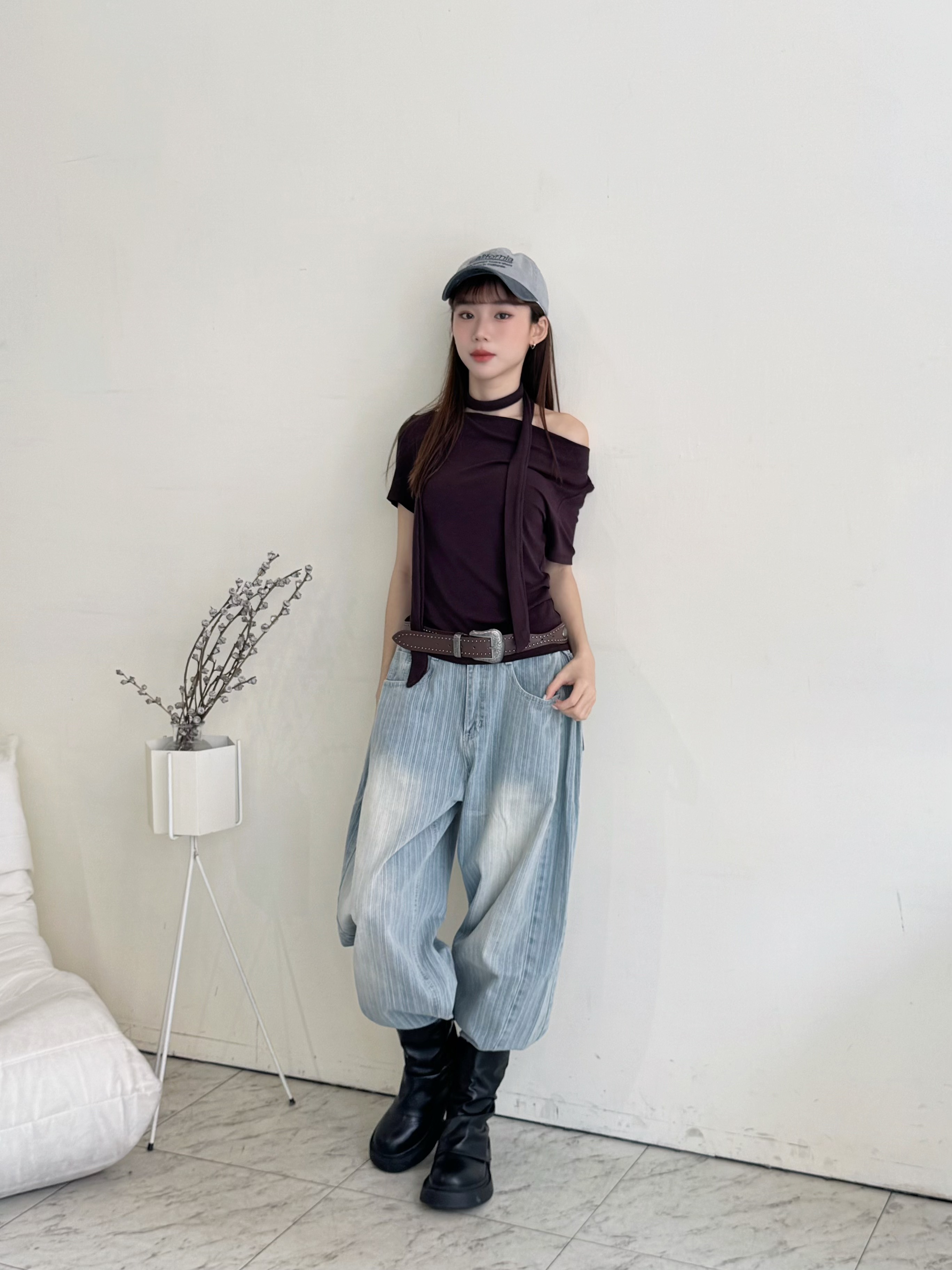 復古做舊直條紋牛仔長褲-0330