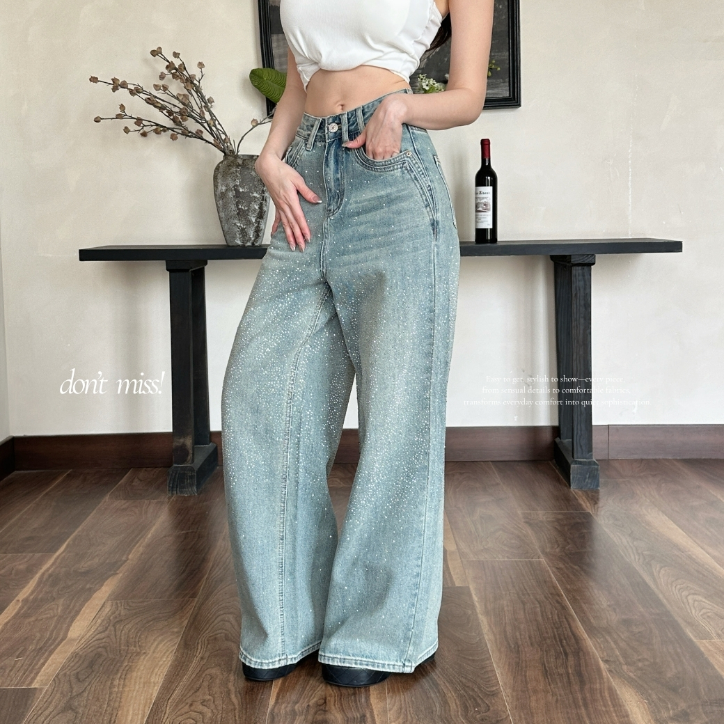 【亮鑽神褲】DOMISS店長嚴選-亮鑽寬版牛仔長褲 直筒長褲 (現+預)