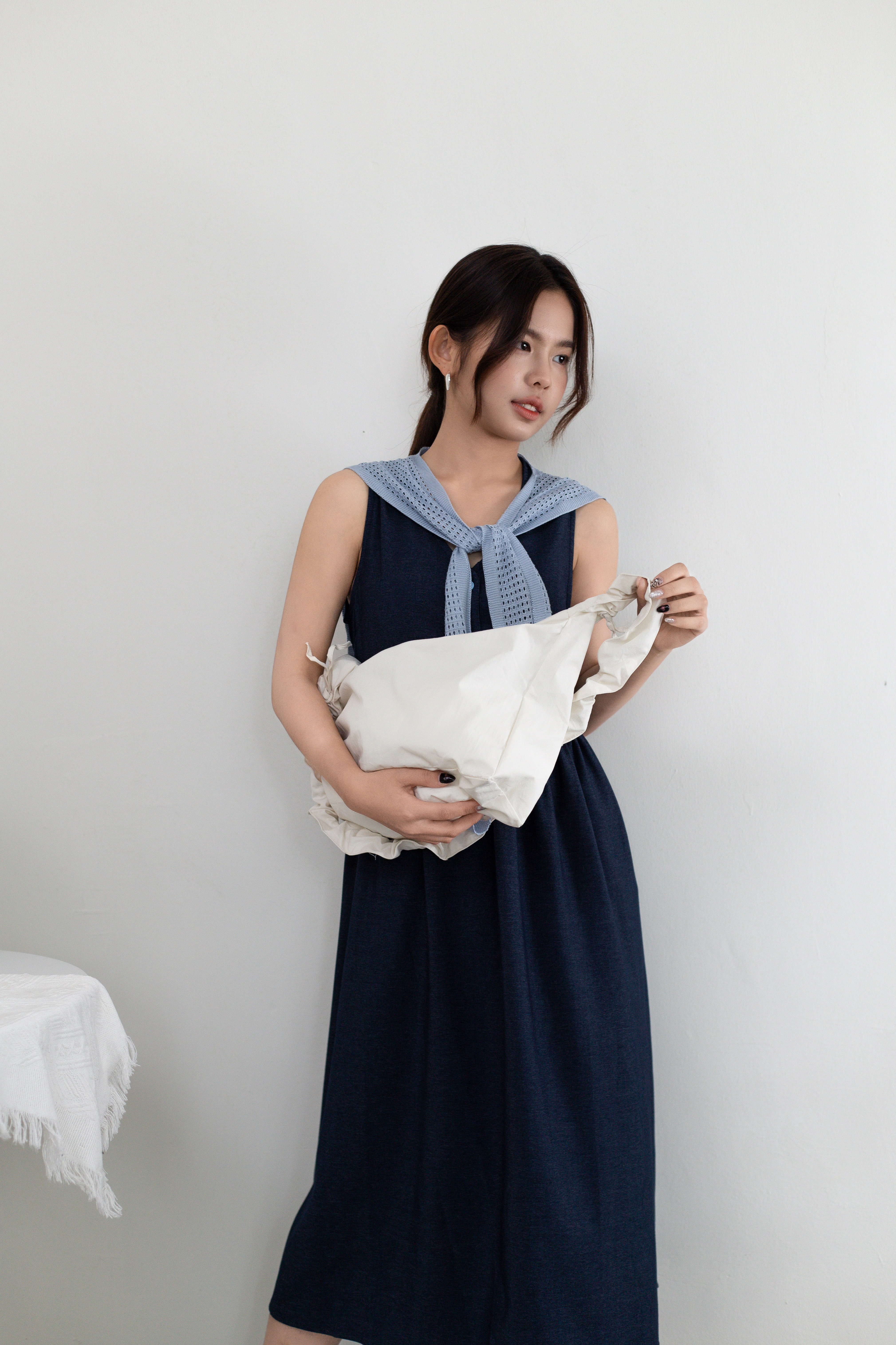 Mallor V neck Dress Blue (with scarf ) - 2667DLBLU