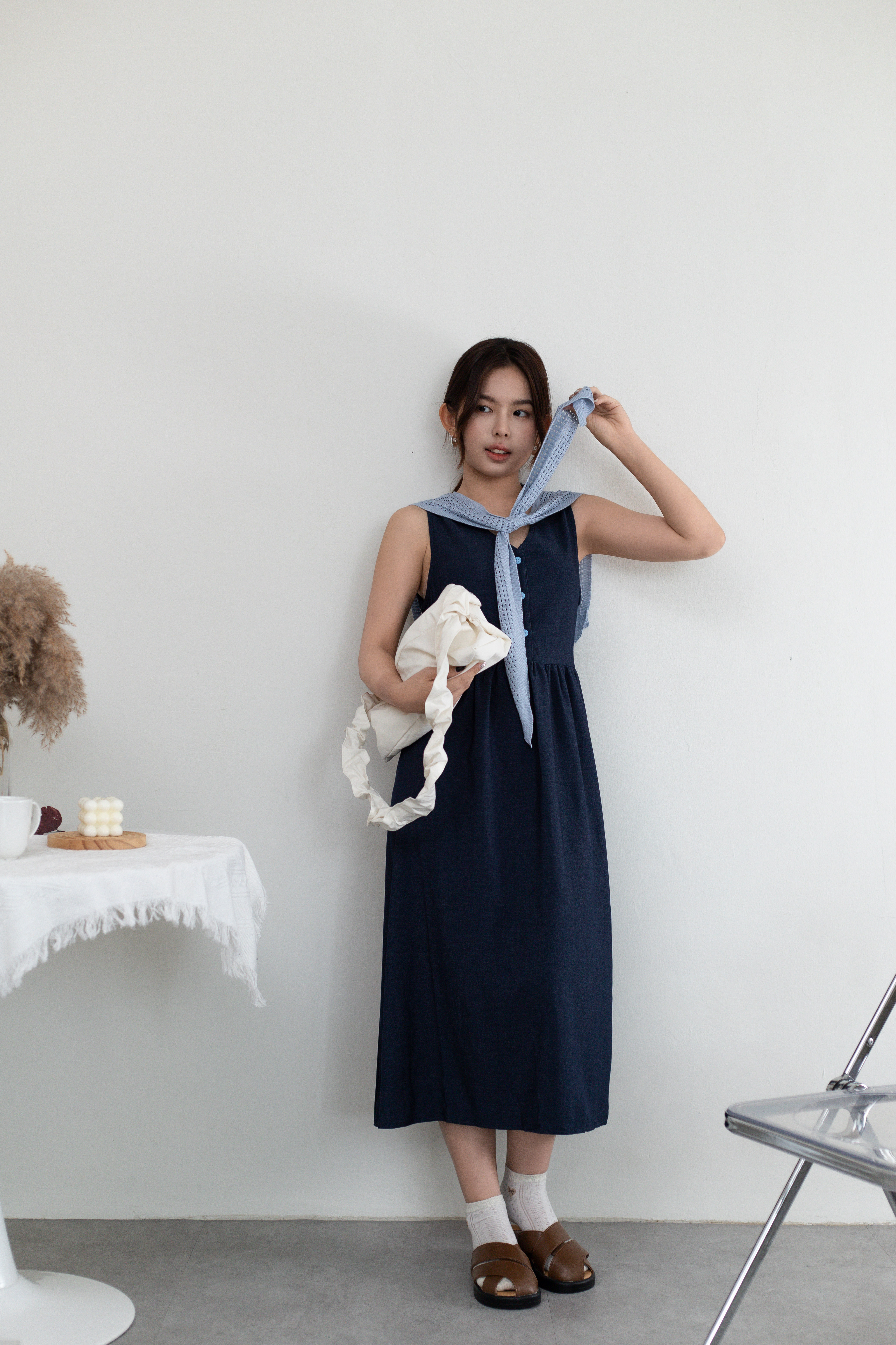 Mallor V neck Dress Blue (with scarf ) - 2667DLBLU