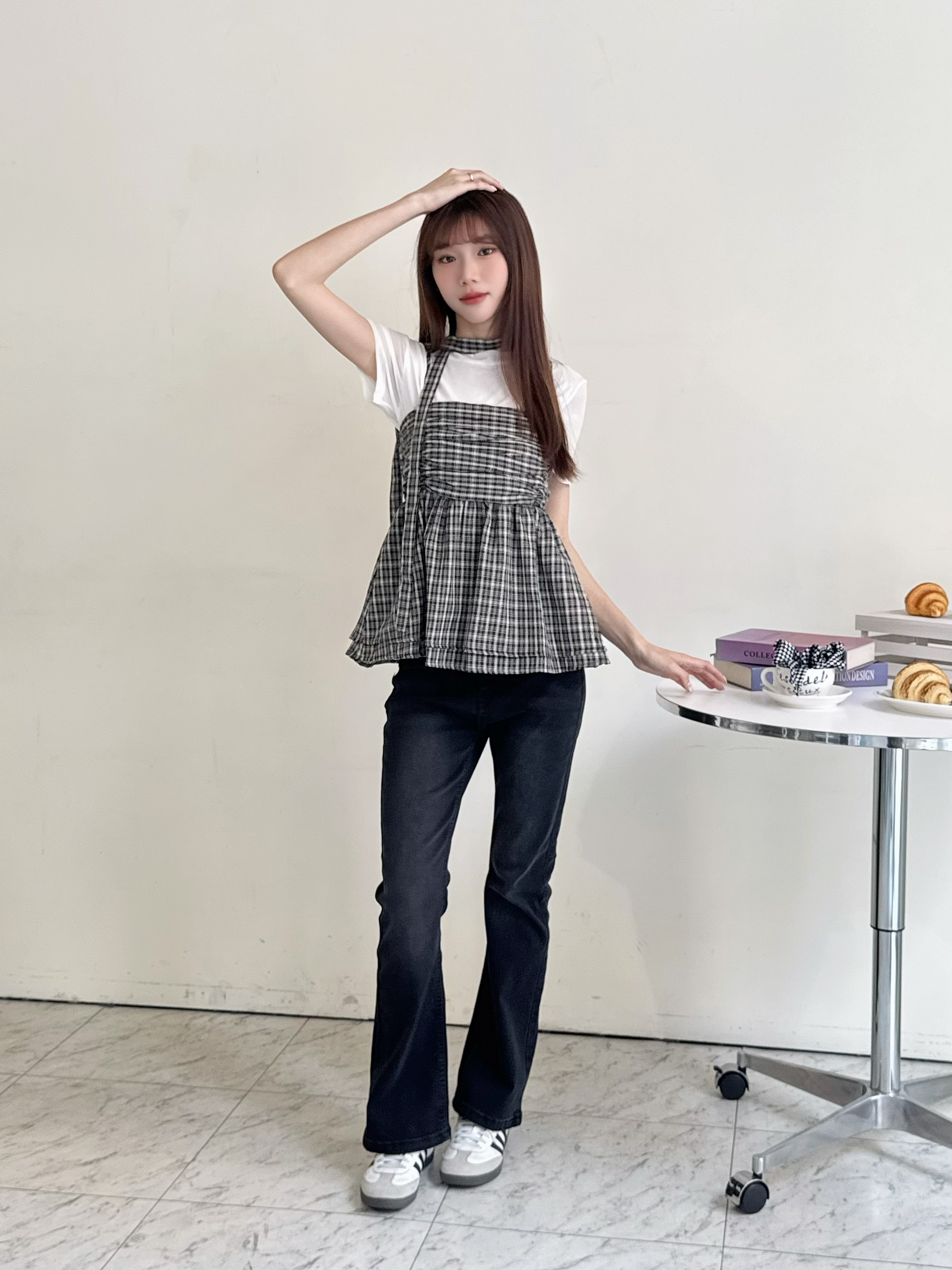 雙排扣刷色喇叭褲-3378