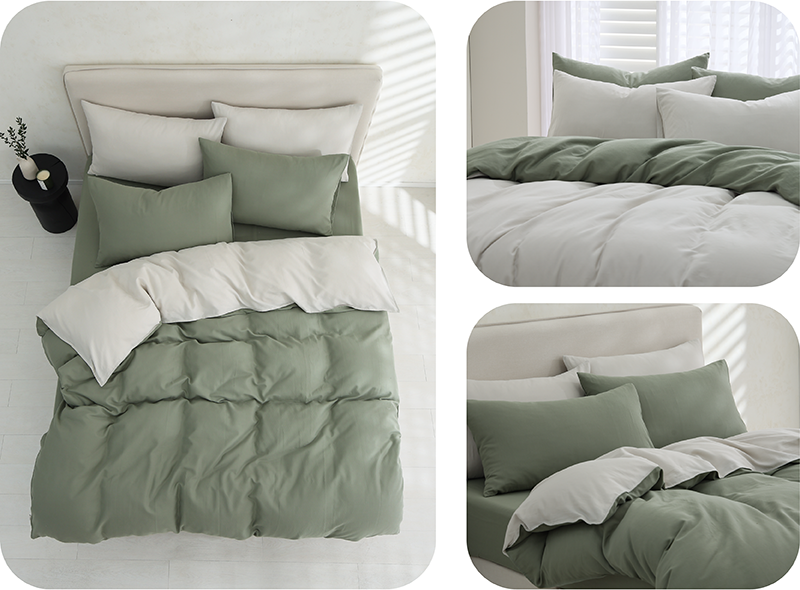 純棉雙層紗床包|多視角拼圖展示森林綠與薄霧白混搭層次感