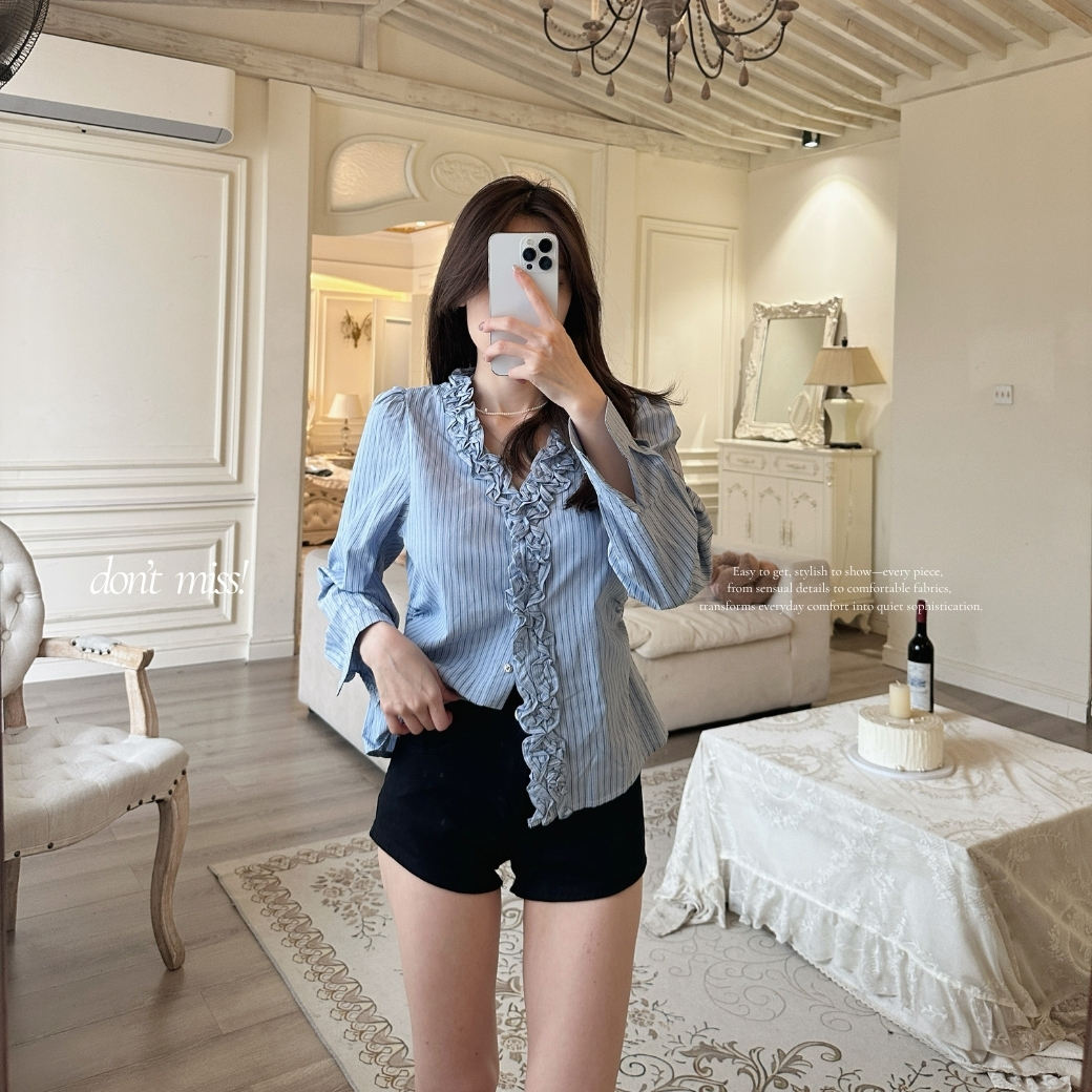 【藍調女伶】DOMISS直條紋荷葉邊襯衫上衣 顯瘦襯衫(現+預)