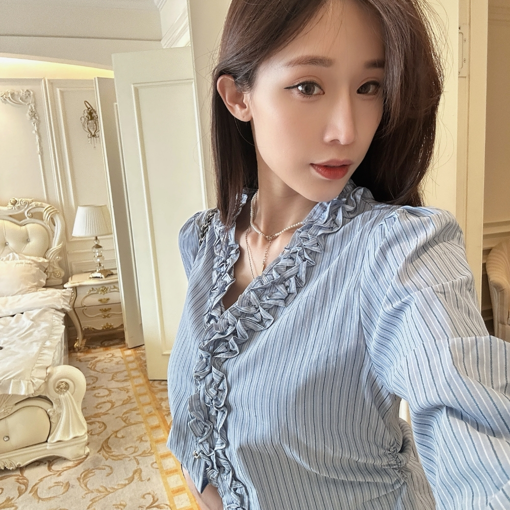 【藍調女伶】DOMISS直條紋荷葉邊襯衫上衣 顯瘦襯衫(現+預)