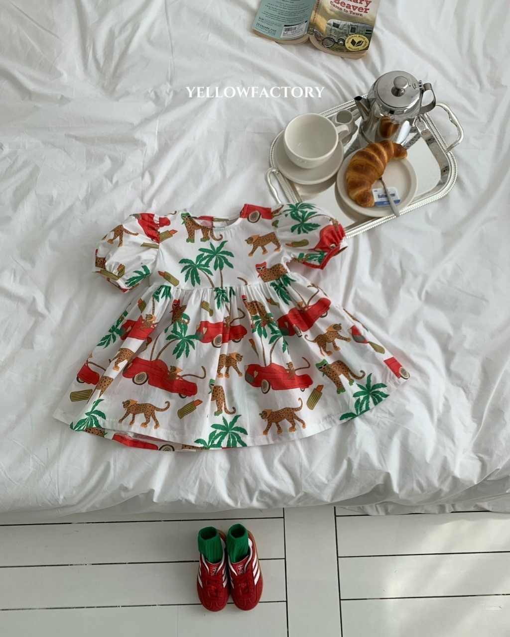 正韓夏Yellowfactory 米白花豹澎澎袖洋裝