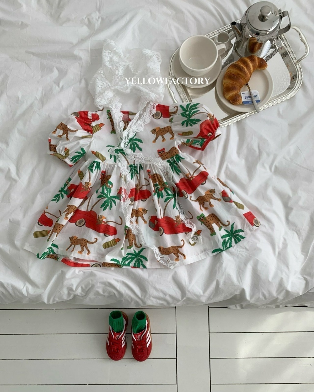 正韓夏Yellowfactory 米白花豹澎澎袖洋裝