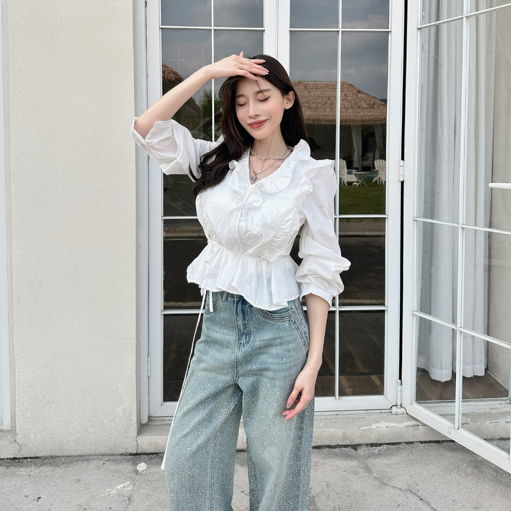 【甜俏女主】DOMISS荷葉綁帶收腰上衣 顯瘦收腰 氣質微甜感 (現+預)