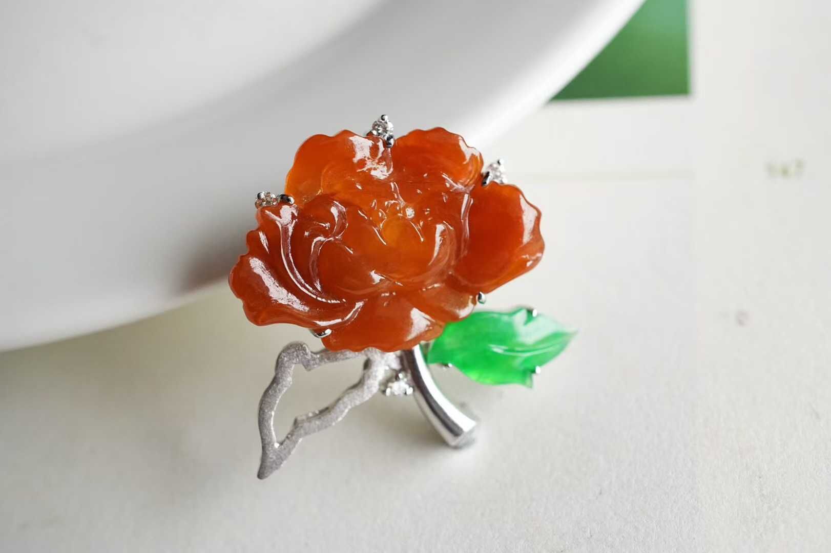 316850 翡翠冰種紅翡牡丹吊墜胸針兩用款
