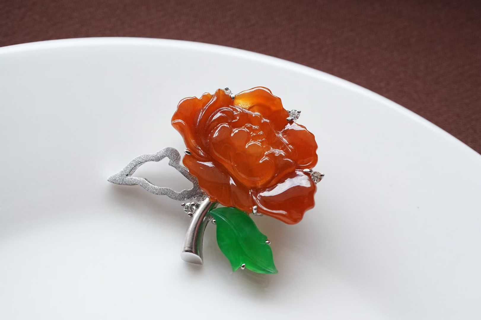 316850 翡翠冰種紅翡牡丹吊墜胸針兩用款