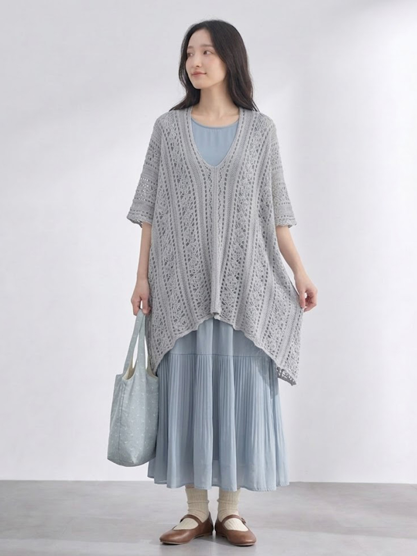 簍空針織罩衫圓領剪接壓褶短袖長洋裝組合