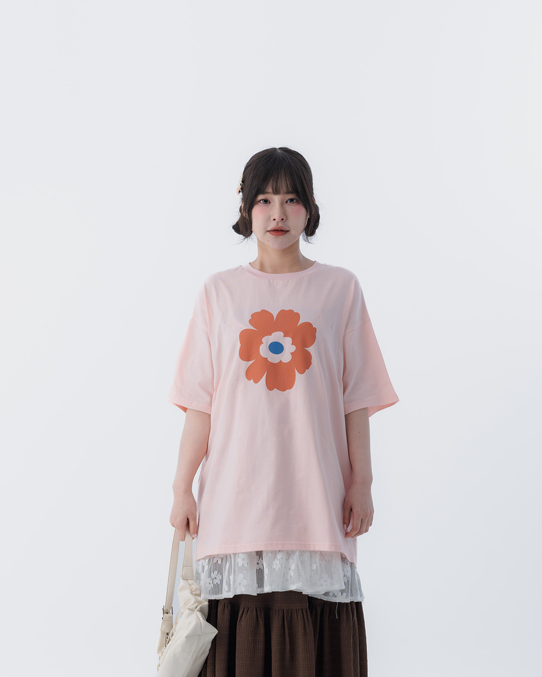 Floral print wide-sleeved short-sleeved top - pink【01190367】in stock+pre-order
