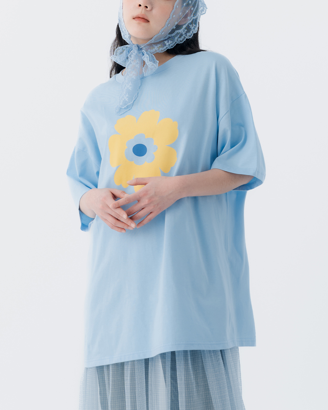 Floral print wide-sleeved short-sleeved top - blue【01190366】in stock+pre-order