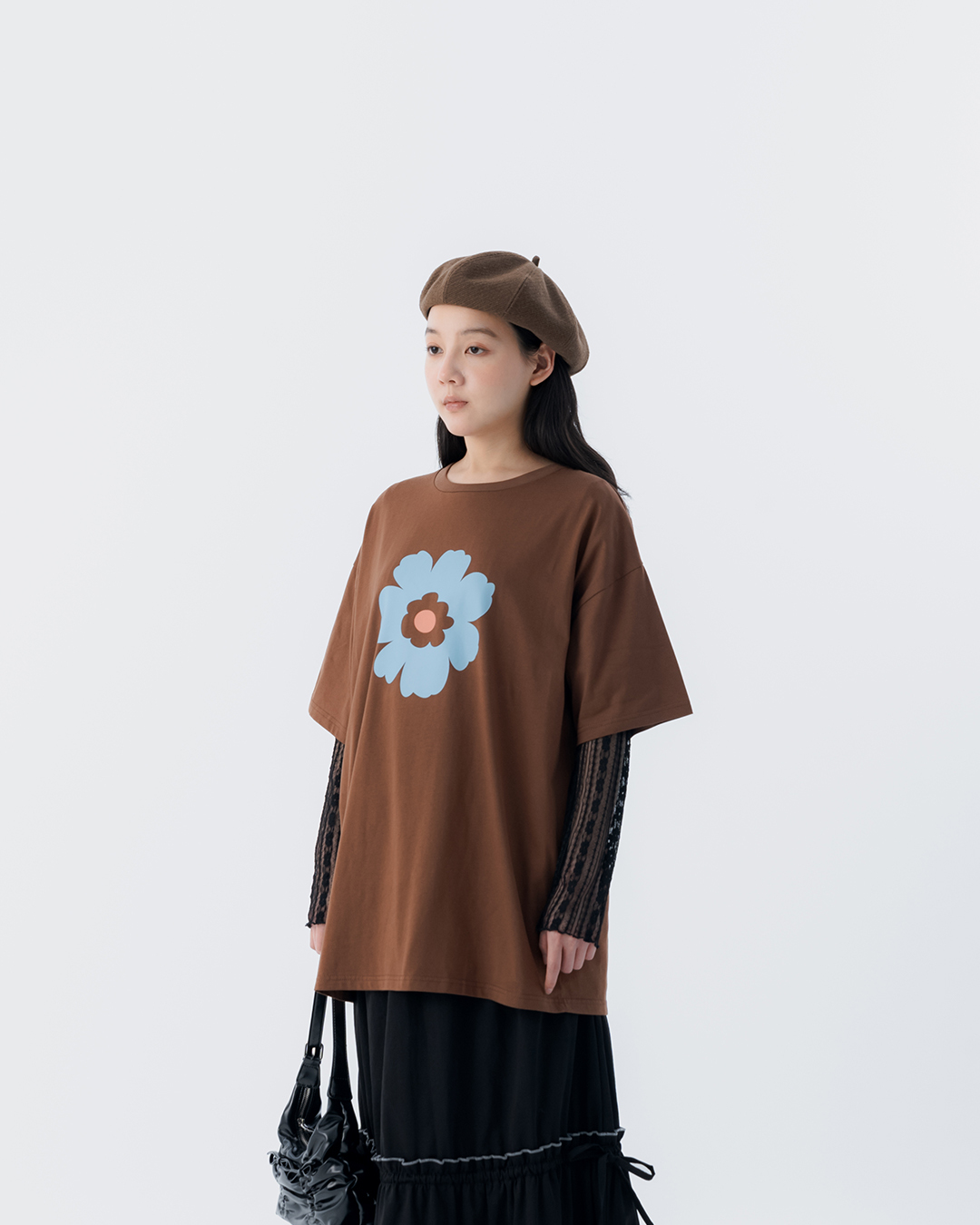 Floral print wide-sleeved short-sleeved top - coffee【01190365】in stock+pre-order