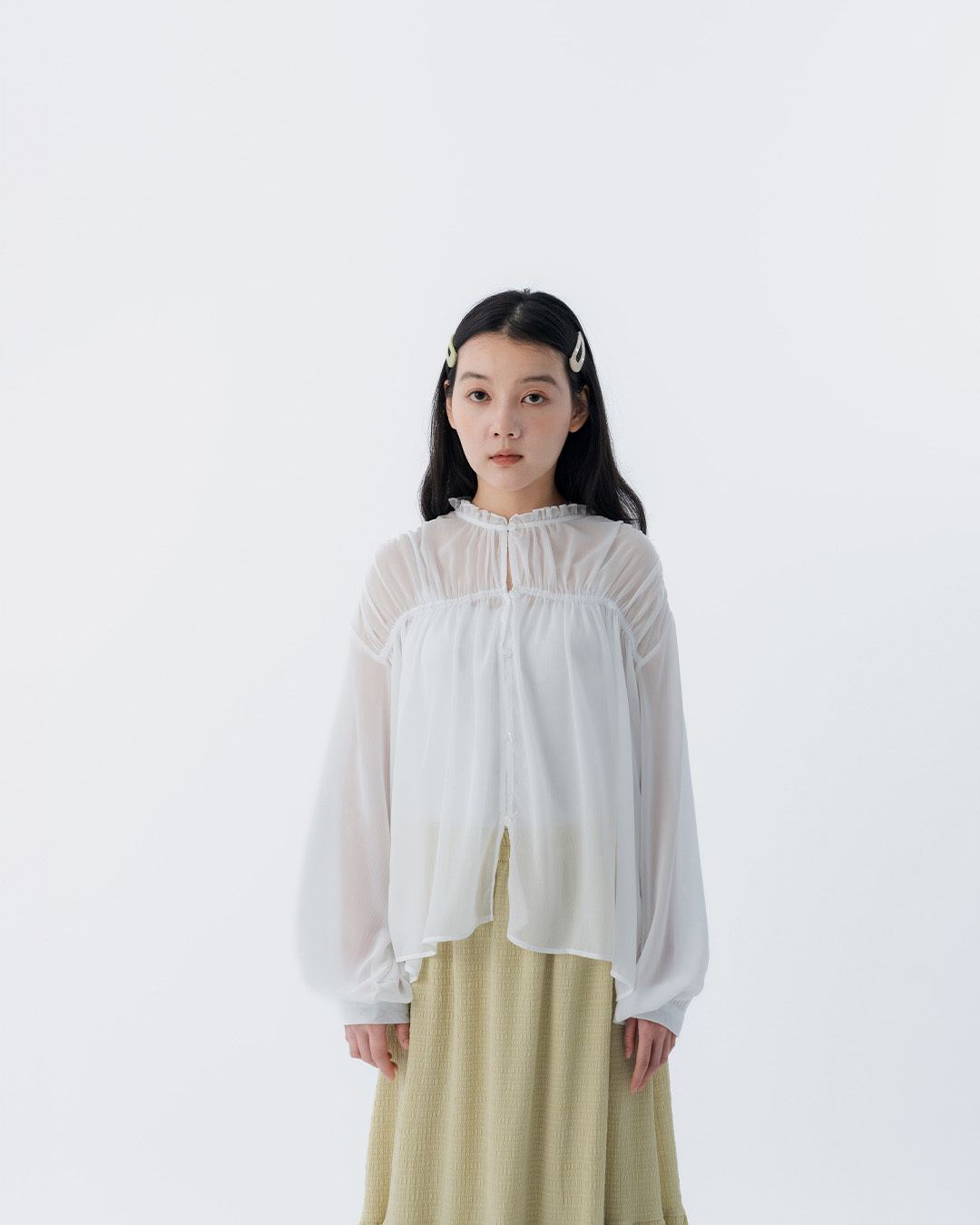 Stand-up collar, ruffled button-down, sheer long-sleeved top, available in two colors.【01099559】in stock+pre-order