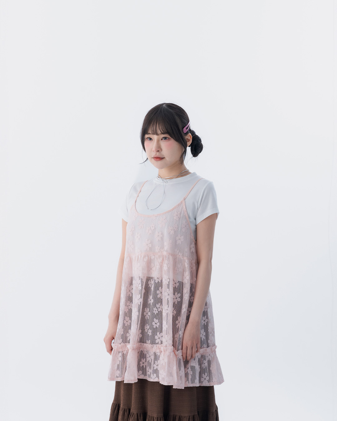 Hollowed-out jacquard ruffle hem spaghetti strap vest - pink【01099541】in stock+pre-order