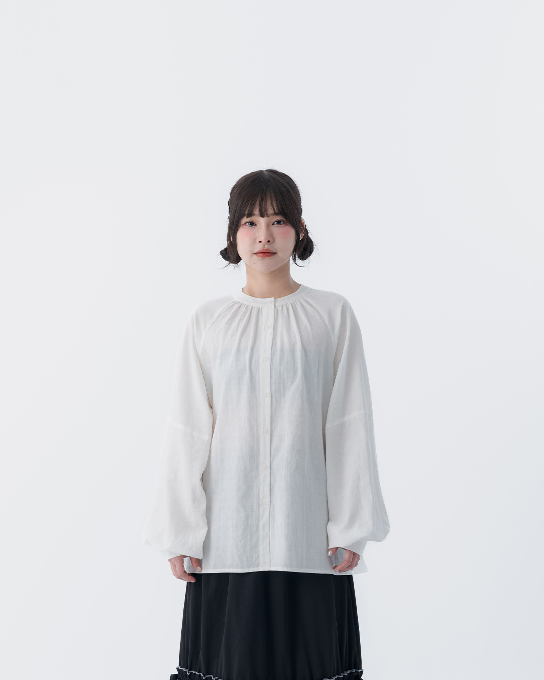 Plain jacquard design, Zhongshan collar, puff sleeve long-sleeved shirt【01025634】in stock+pre-order