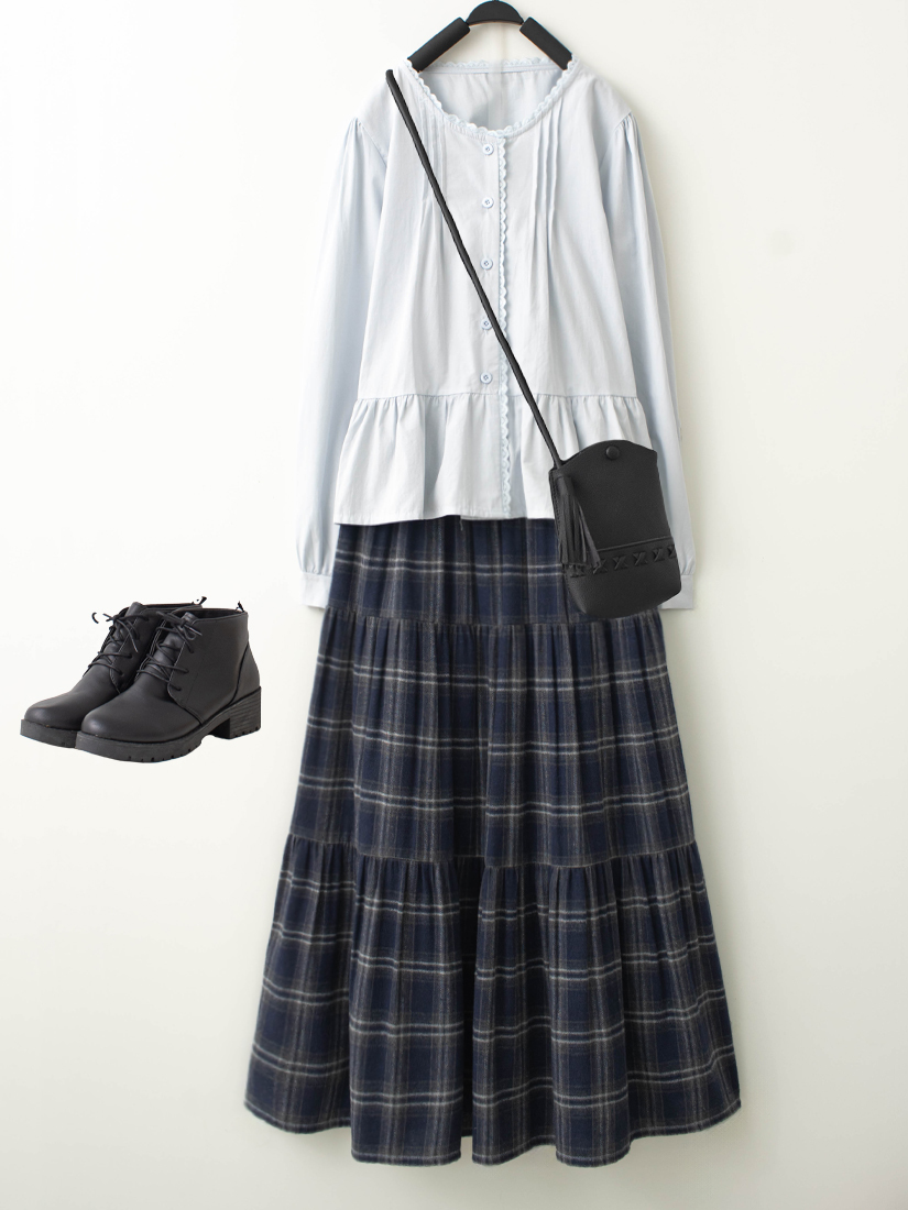 壓褶蕾絲腰長袖上衣格紋法蘭絨蛋糕裙組合