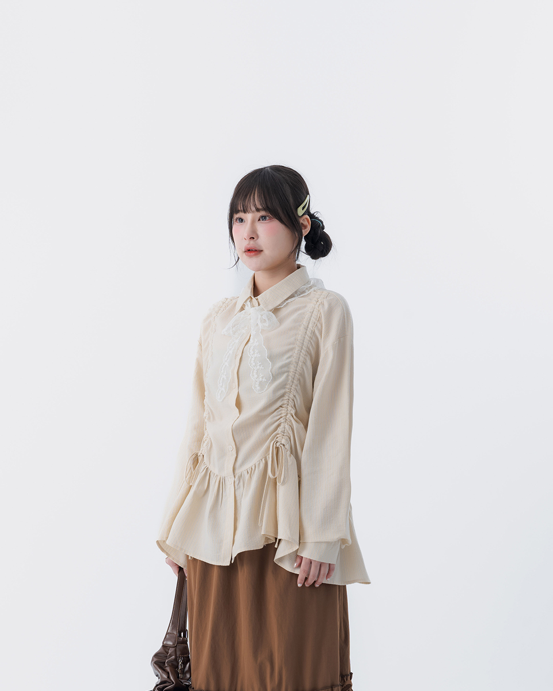 Striped drawstring hem ruffled long-sleeved shirt, available in two colors.【01025798】in stock+pre-order