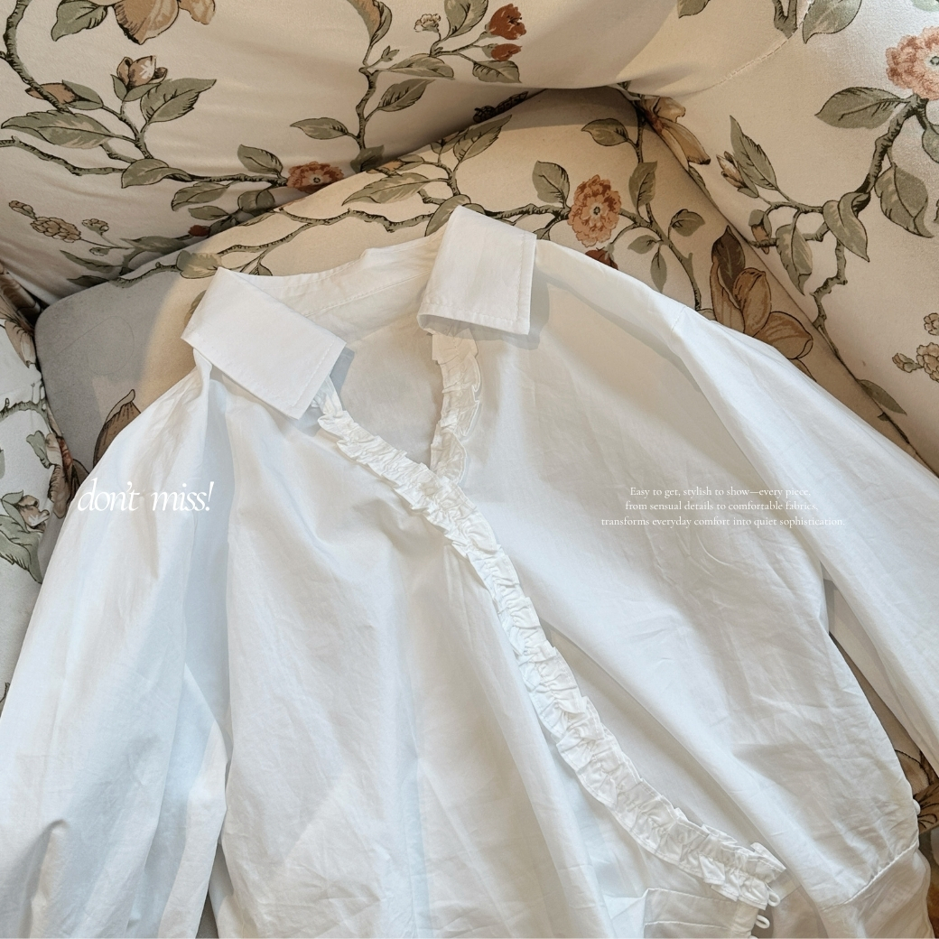 【輕奢日常】DOMISS不對稱荷葉邊襯衫 法式設計感V領上衣 顯瘦收腰白襯衫(現+預)