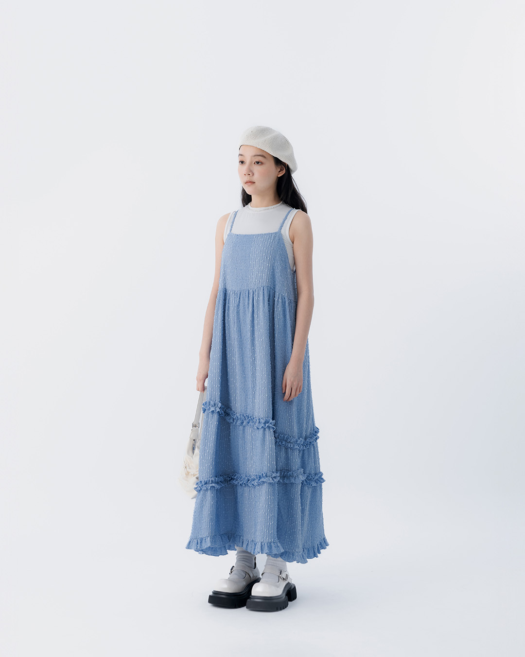 3D jacquard ruffled tie-up long dress, available in three colors【01087270】in stock+pre-order