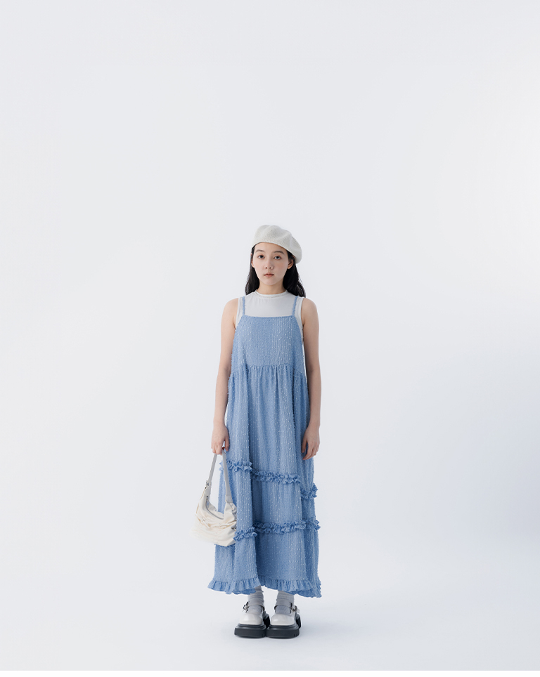 3D jacquard ruffled tie-up long dress, available in three colors【01087270】in stock+pre-order