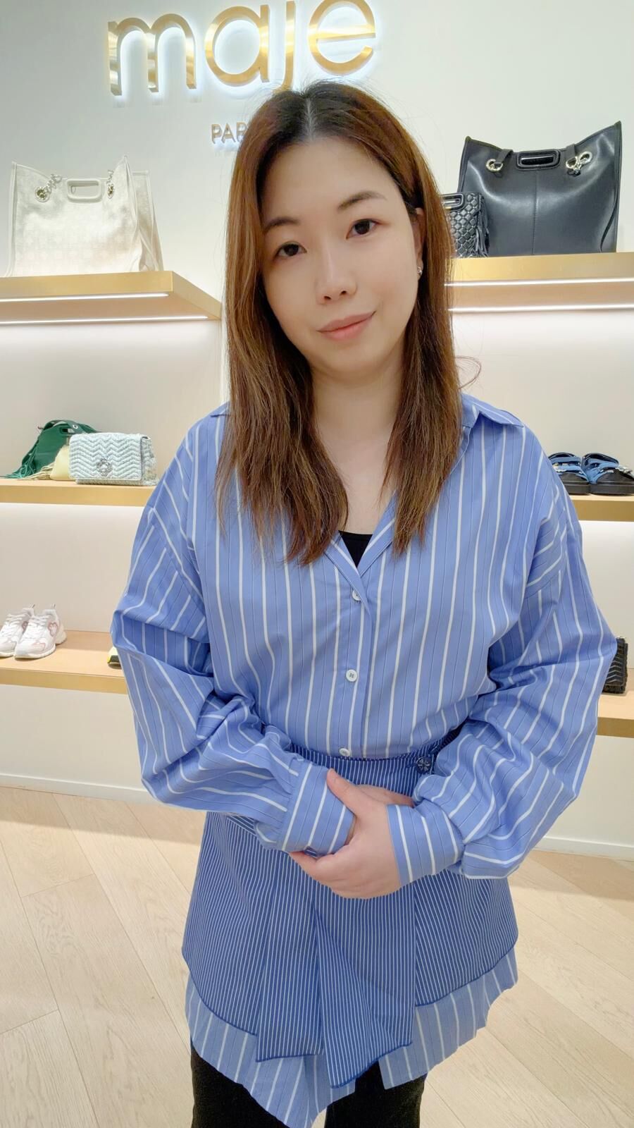Maje 白色直條紋藍色長袖襯衫 #MFPRO033664